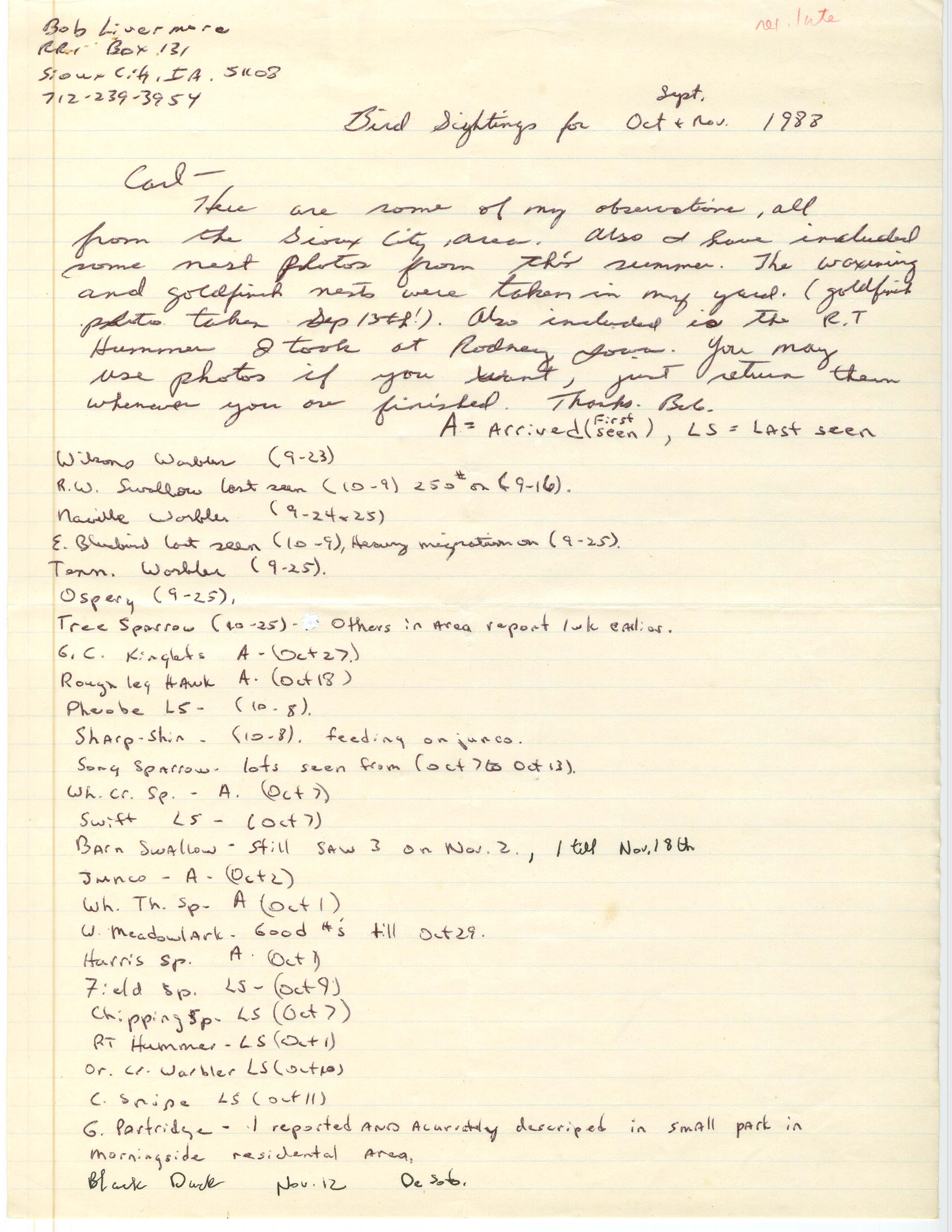 Field notes and Bob Livermore letter to Carl J. Bendorf, fall 1988