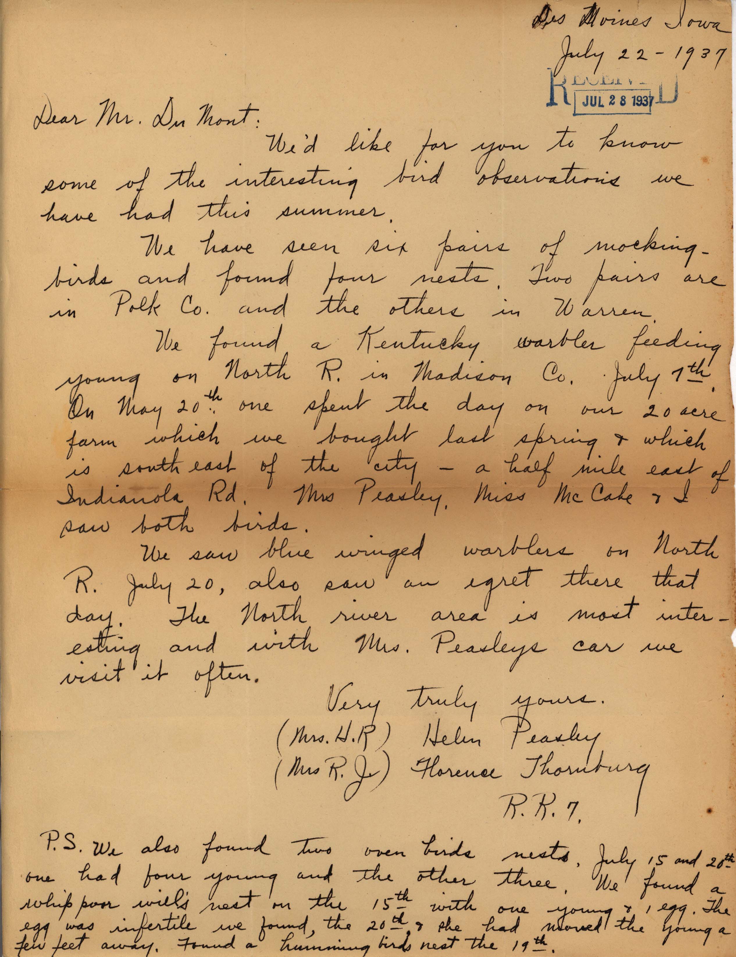 Helen Peasley and Florence Thornburg letter to Philip DuMont regarding bird observations, July 22, 1937