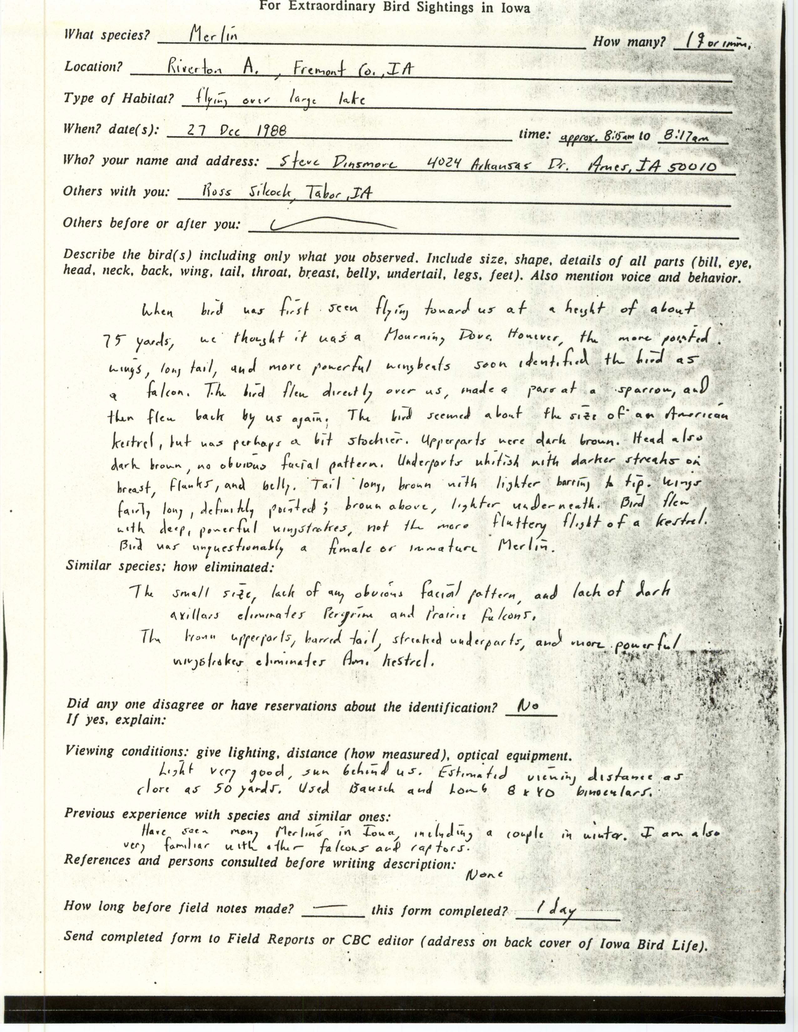Rare bird documentation form for Merlin at Riverton Area, 1988