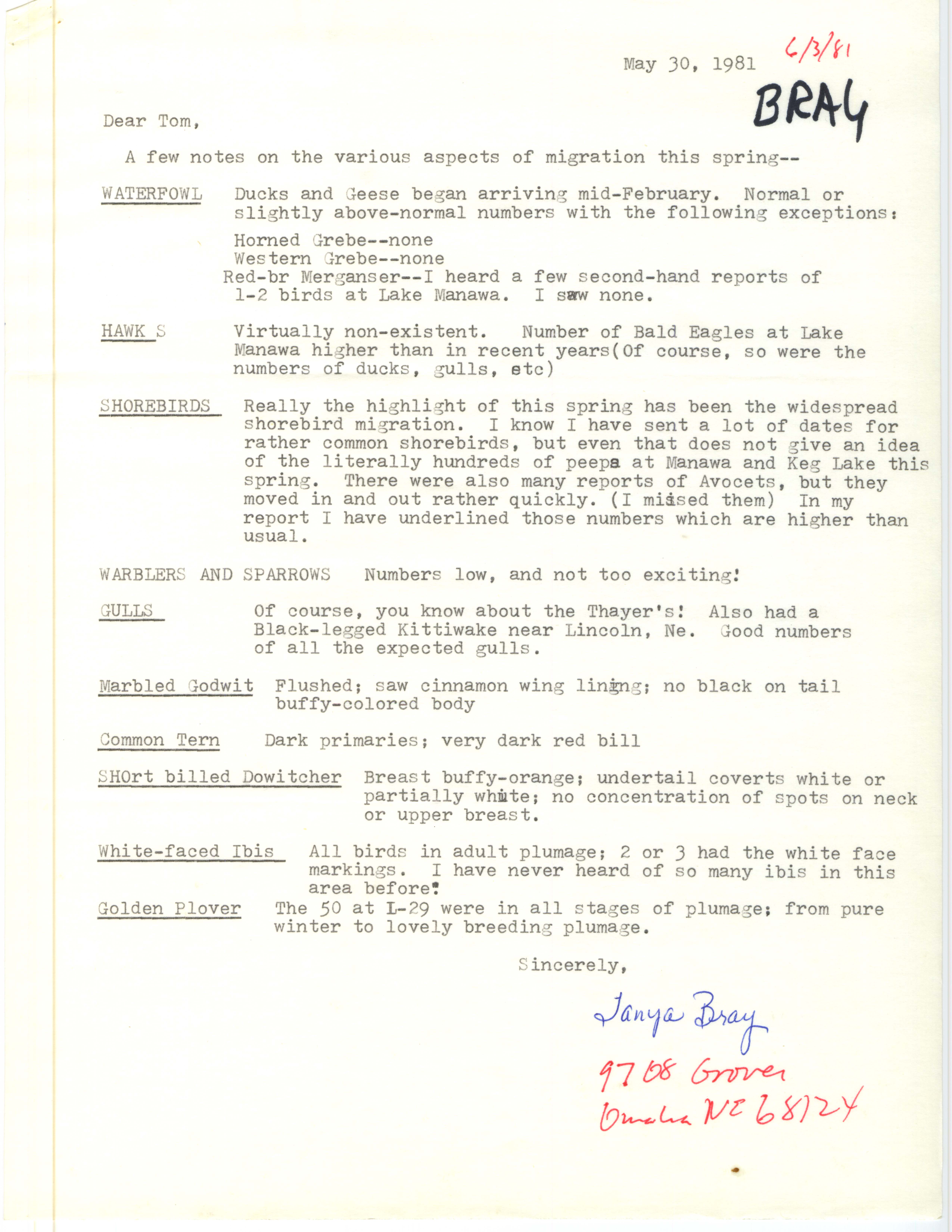 Tanya Bray letter to Thomas Kent regarding spring migration, May 30, 1981
