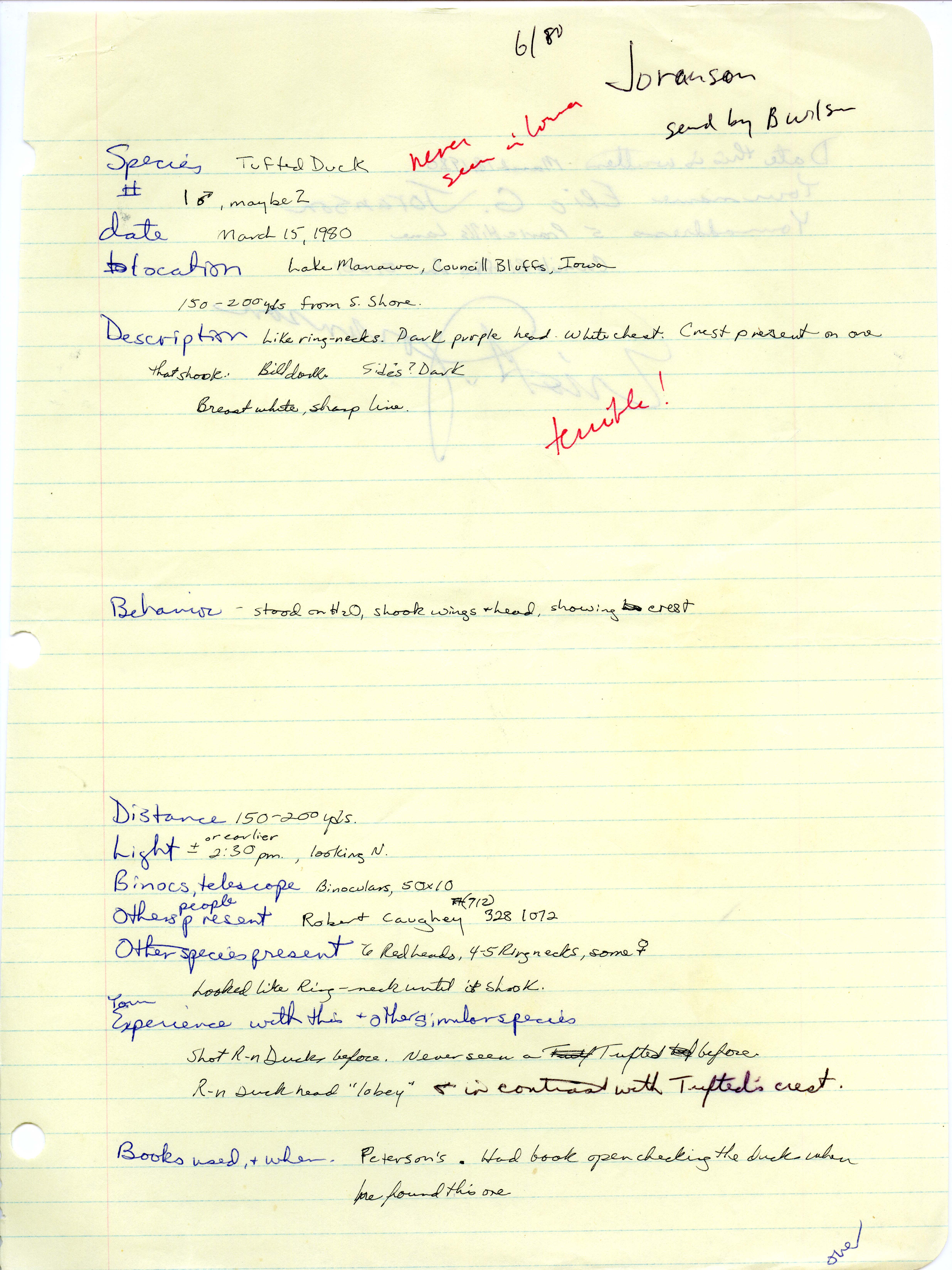 Field notes contributed by Eric G. Joranson, March 15, 1980