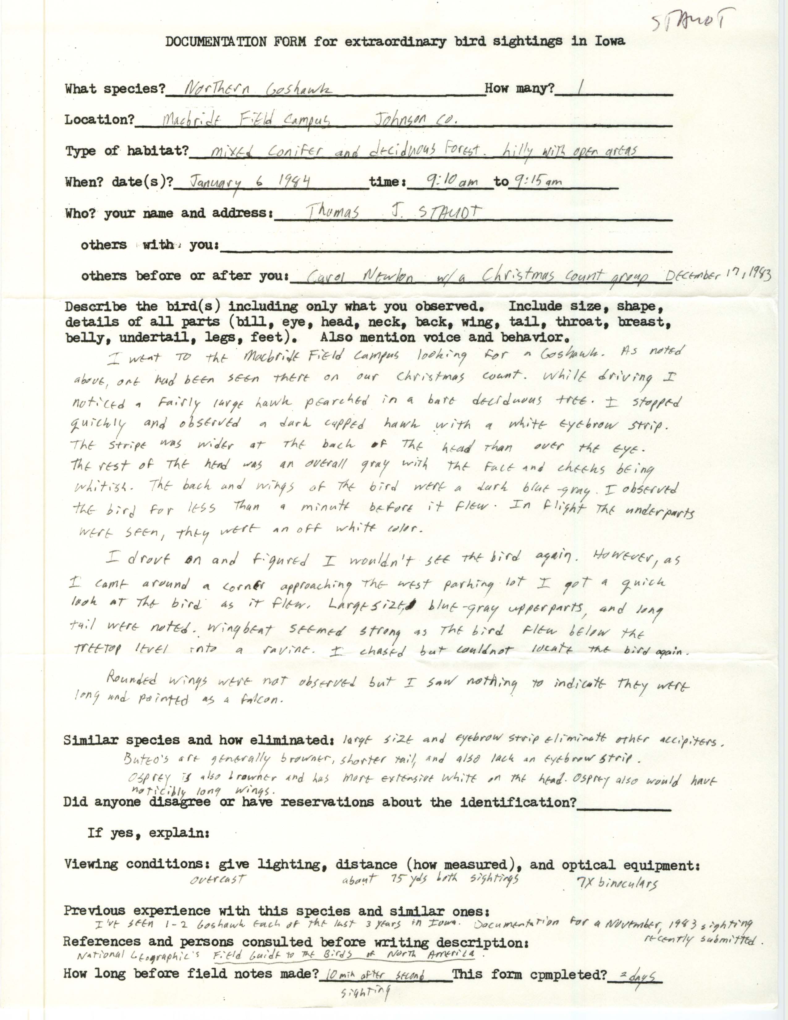 Rare bird documentation form for Northern Goshawk at MacBride Field Campus, 1984