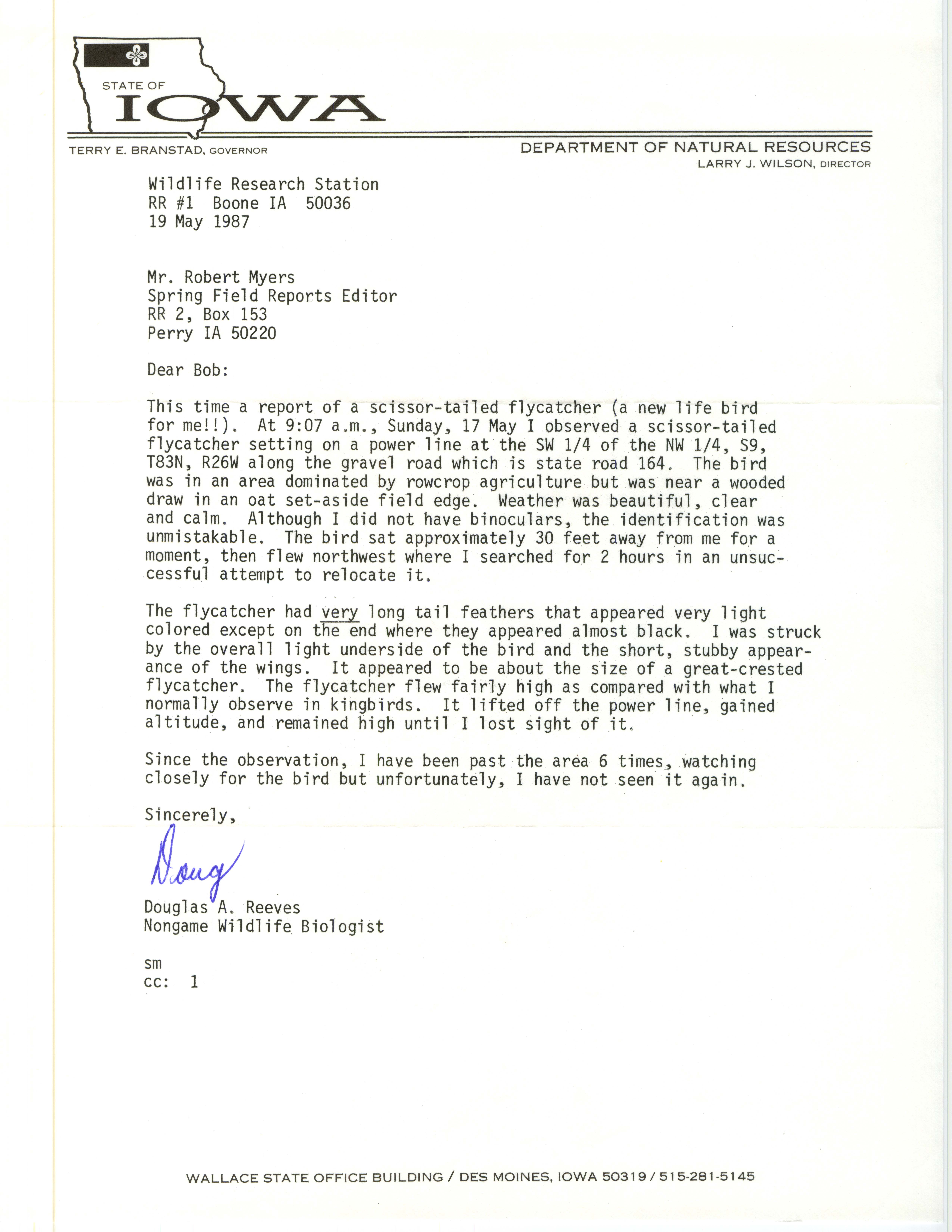 Doug Reeves letter to Robert K. Myers regarding an unusual bird sighting, May 19, 1987