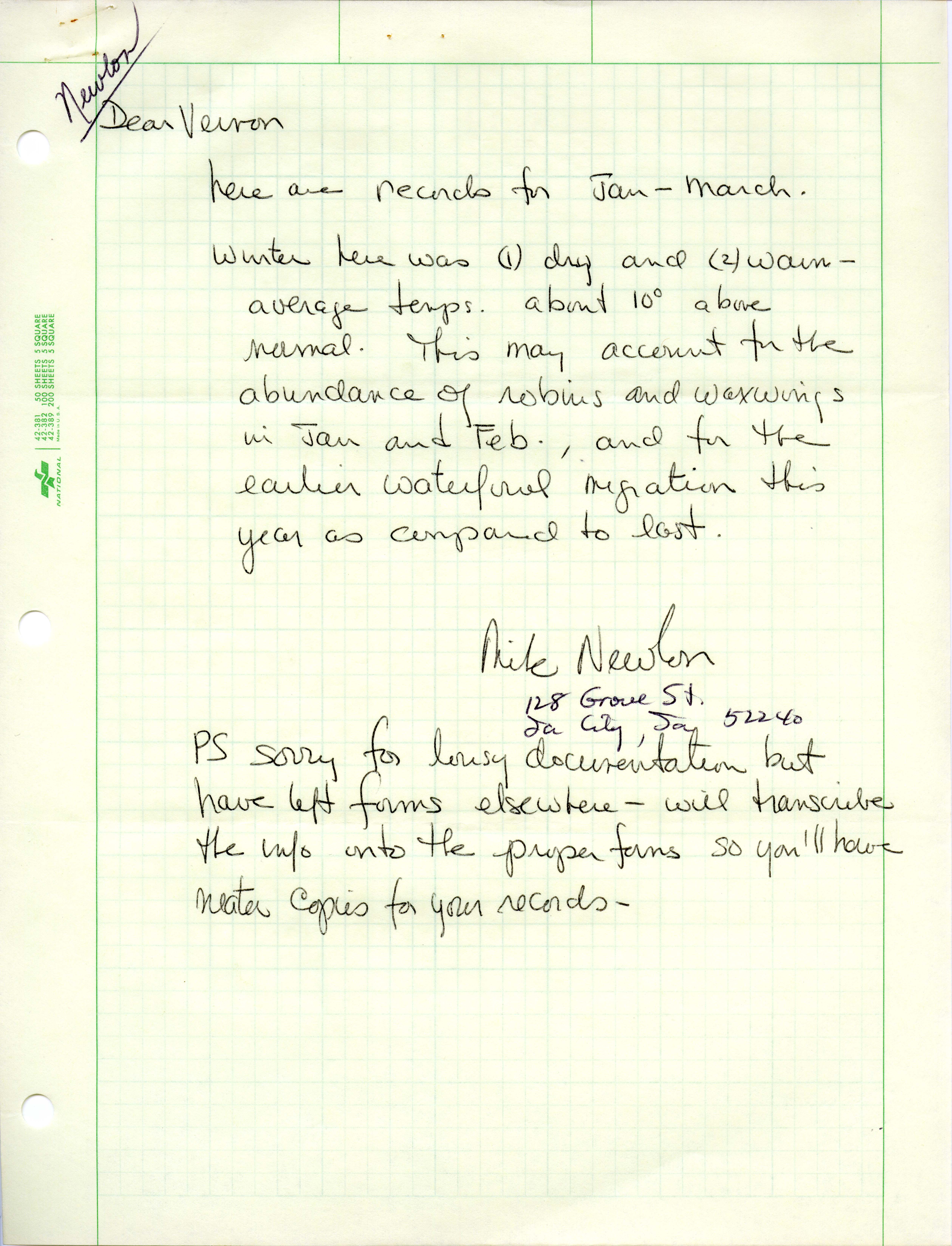 Michael C. Newlon letter to Vernon Kleen regarding winter 1975-1976 observations