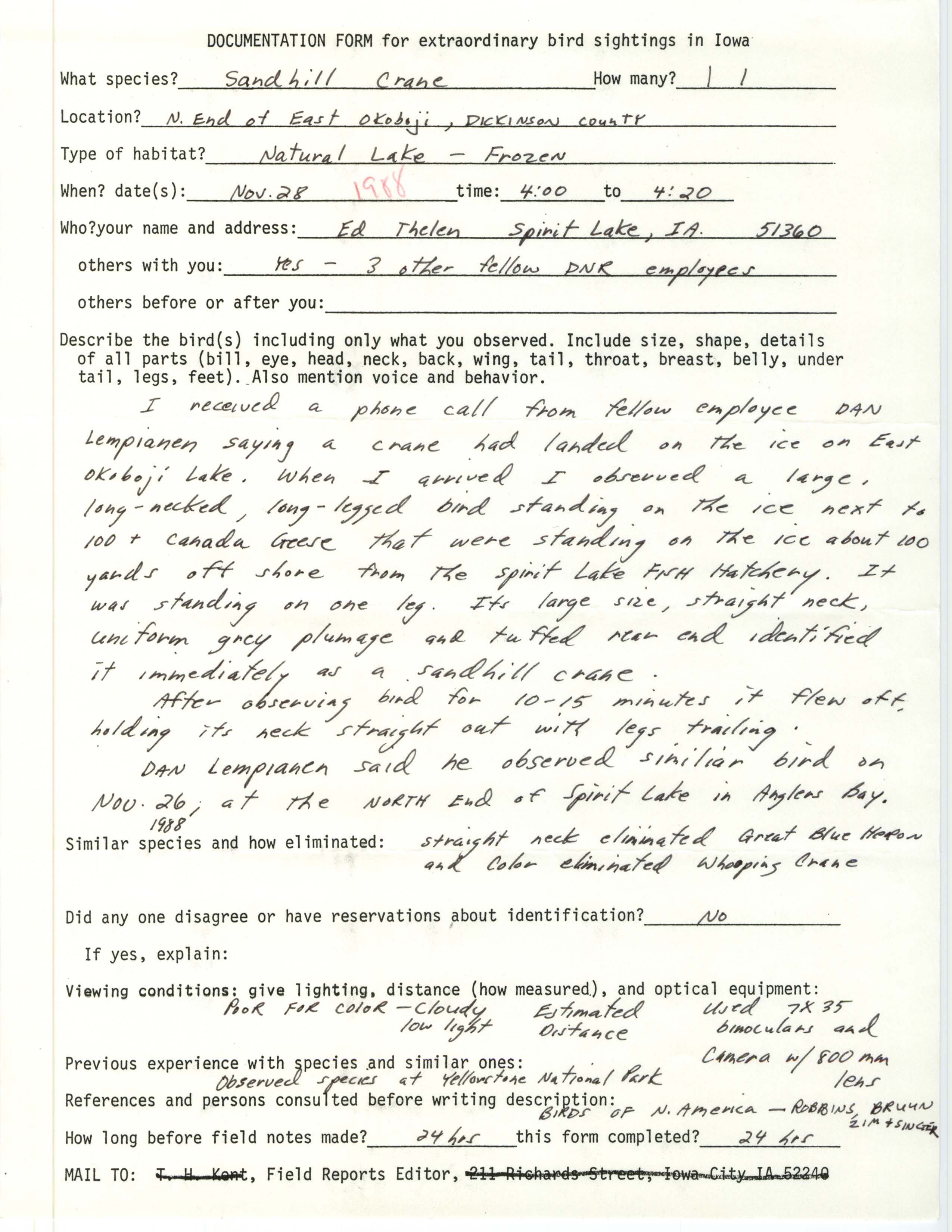 Rare bird documentation form for Sandhill Crane at East Okoboji, 1988