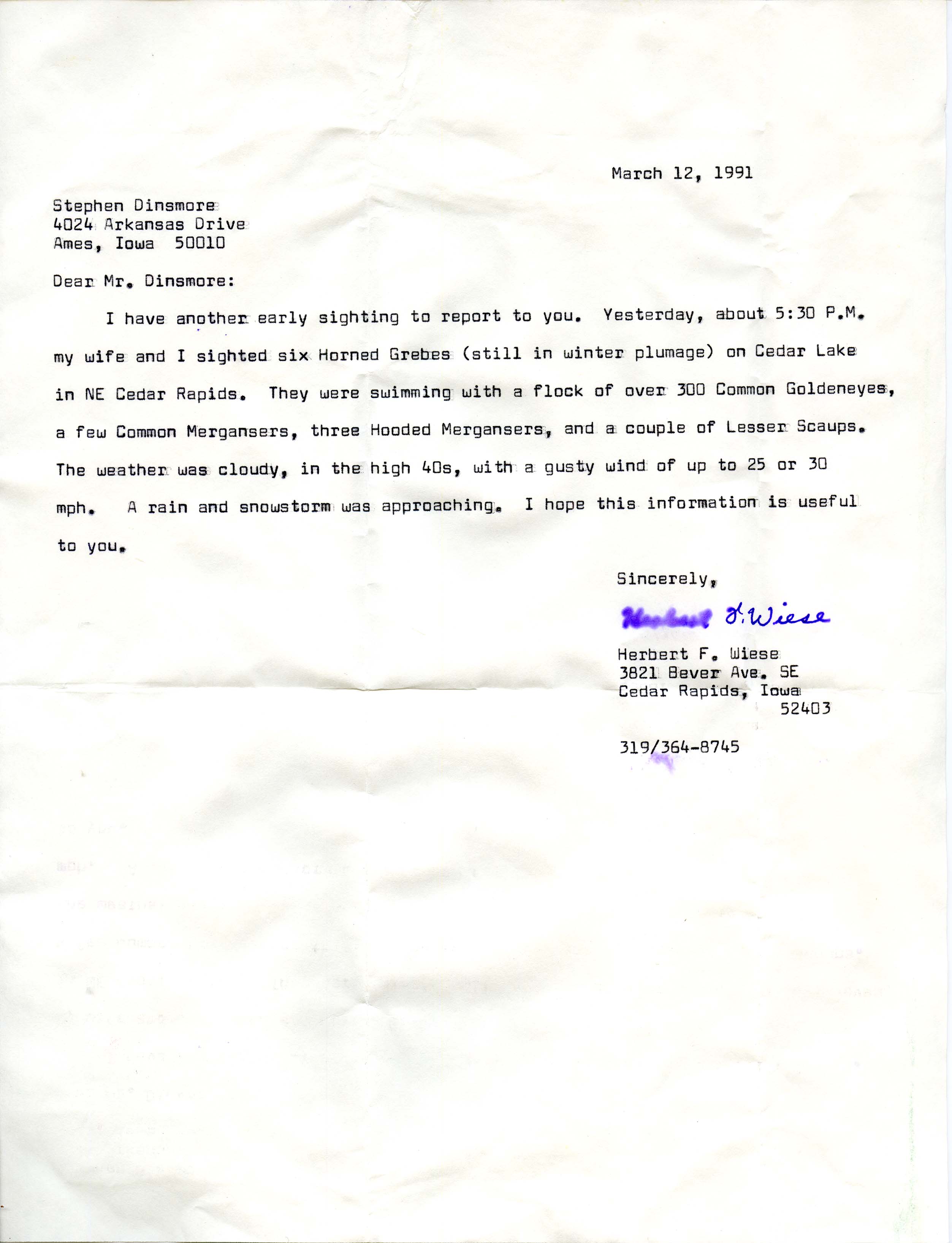 Herbert F. Wiese letter to Stephen Dinsmore regarding bird sightings for IOU quarterly field reports of spring 1991, March 12, 1991
