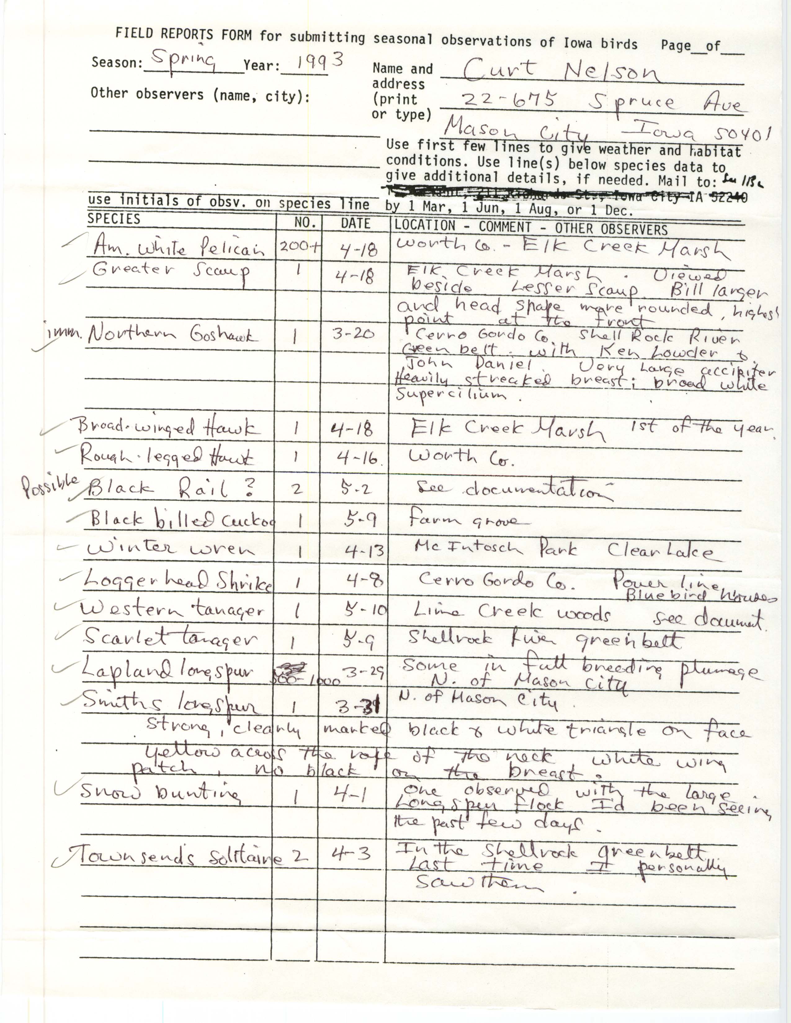 Field reports form for submitting seasonal observations of Iowa birds, Curt Nelson, Spring 1993