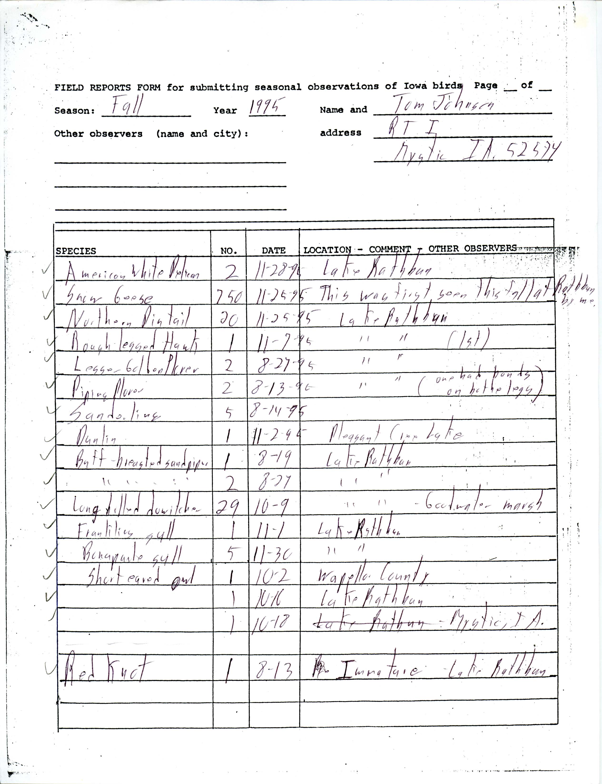Field reports form for submitting seasonal observations of Iowa birds, Thomas N. Johnson, fall 1995
