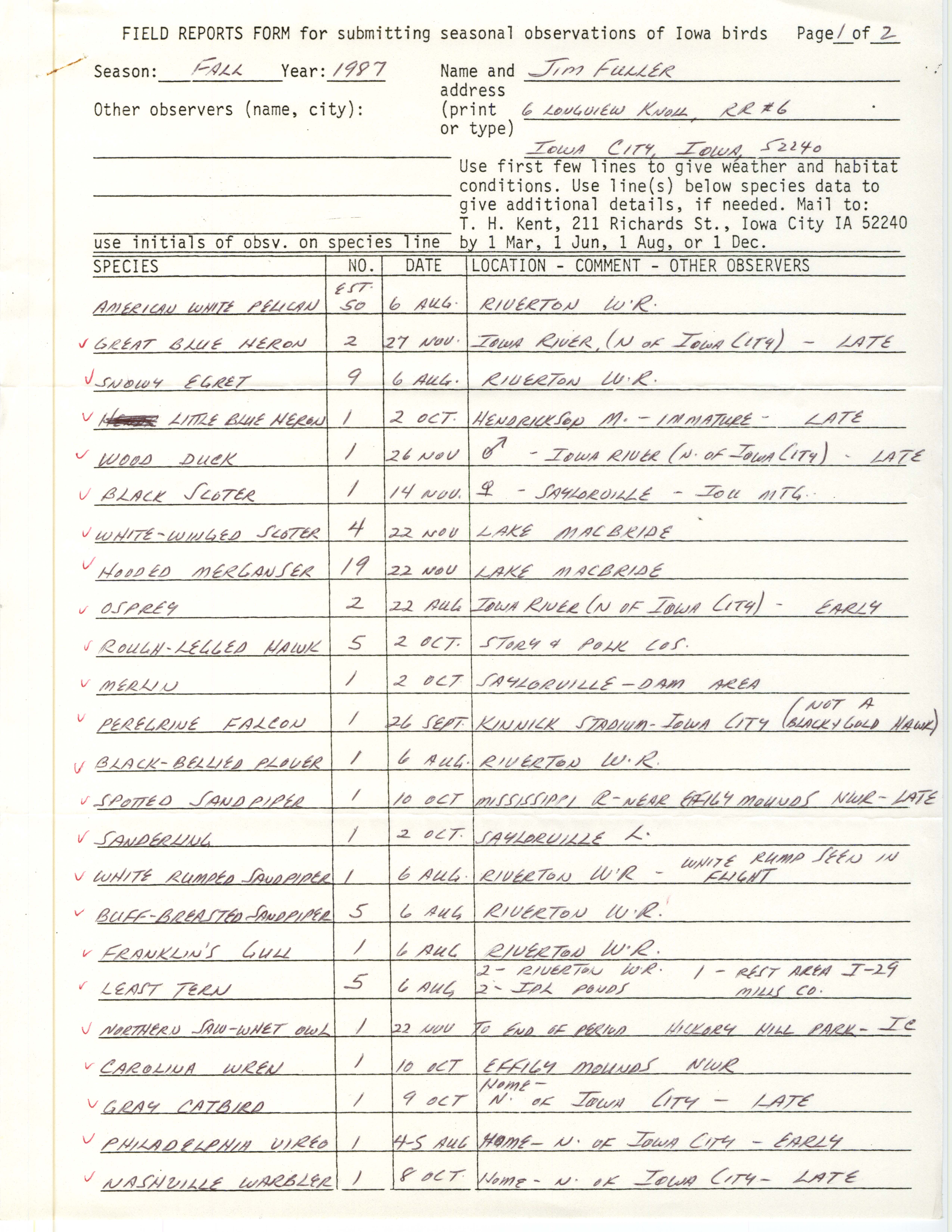 Field reports form for submitting seasonal observations of Iowa birds, James L. Fuller, fall 1987