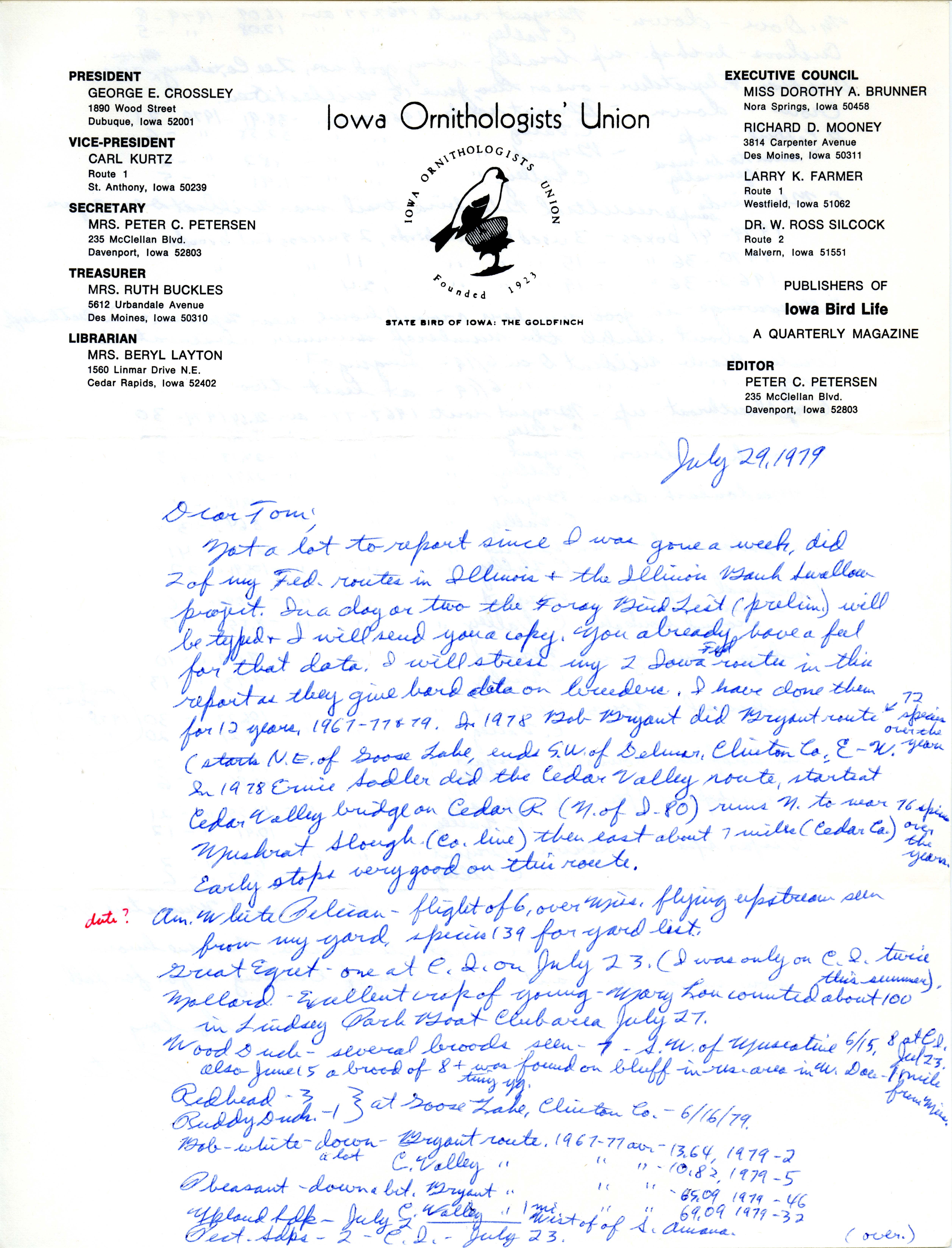 Peter C. Petersen letter to Thomas H. Kent regarding bird sightings, July 29,1979