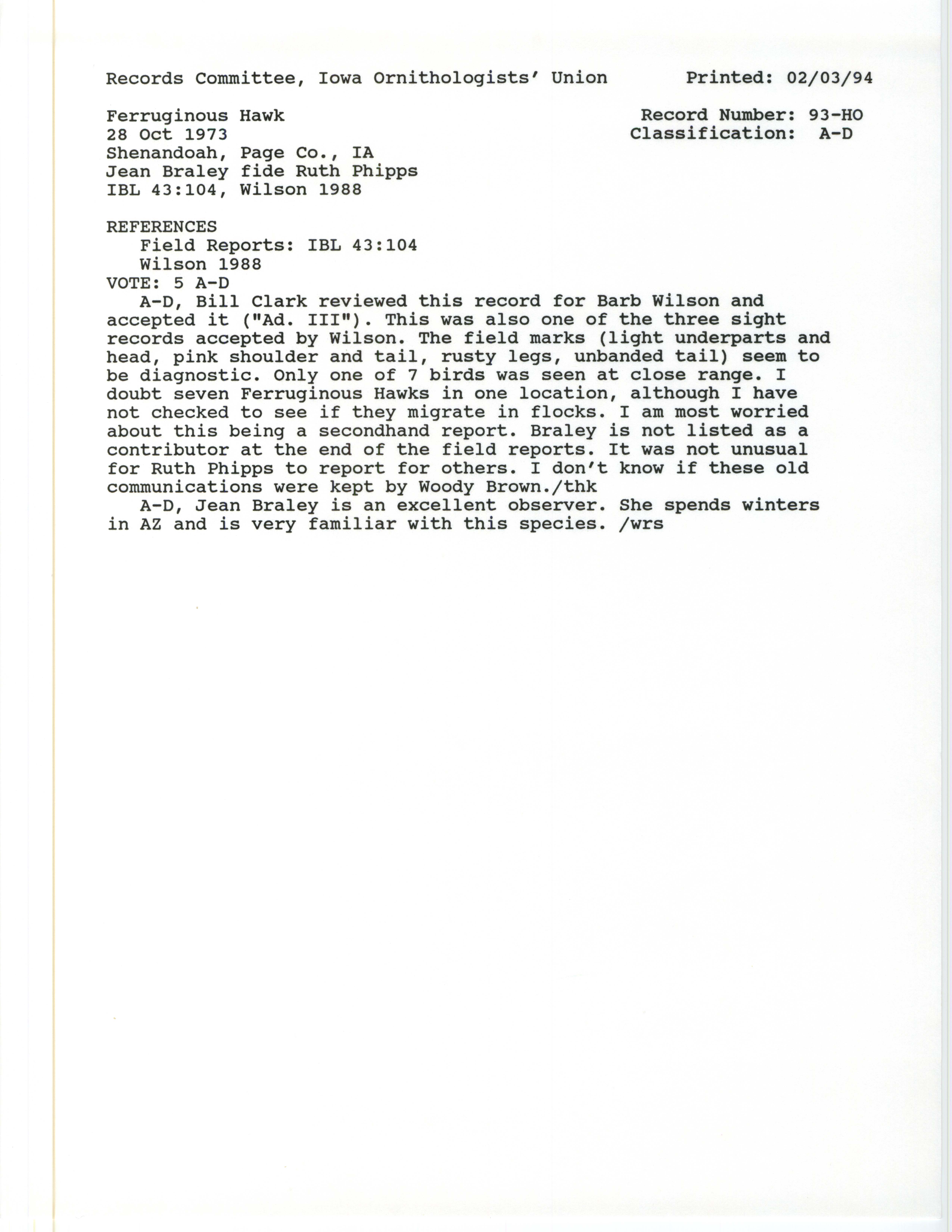 Records Committee review for rare bird sighting for Ferruginous Hawk at Shenandoah in 1973