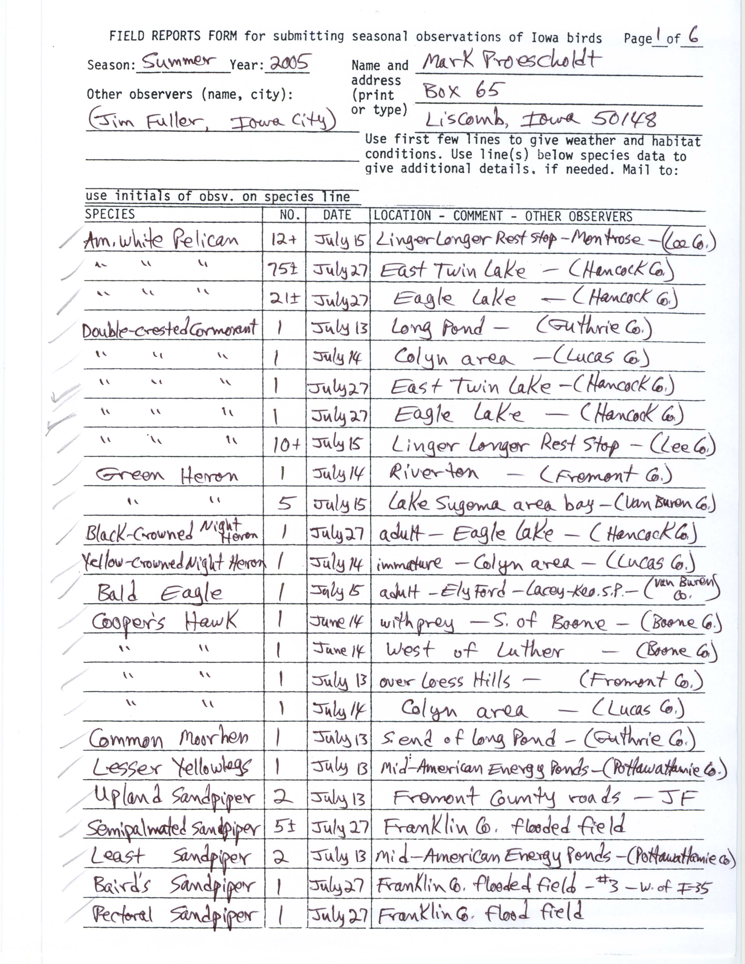 Field reports form for submitting seasonal observations of Iowa birds, Mark Proescholdt, summer 2005