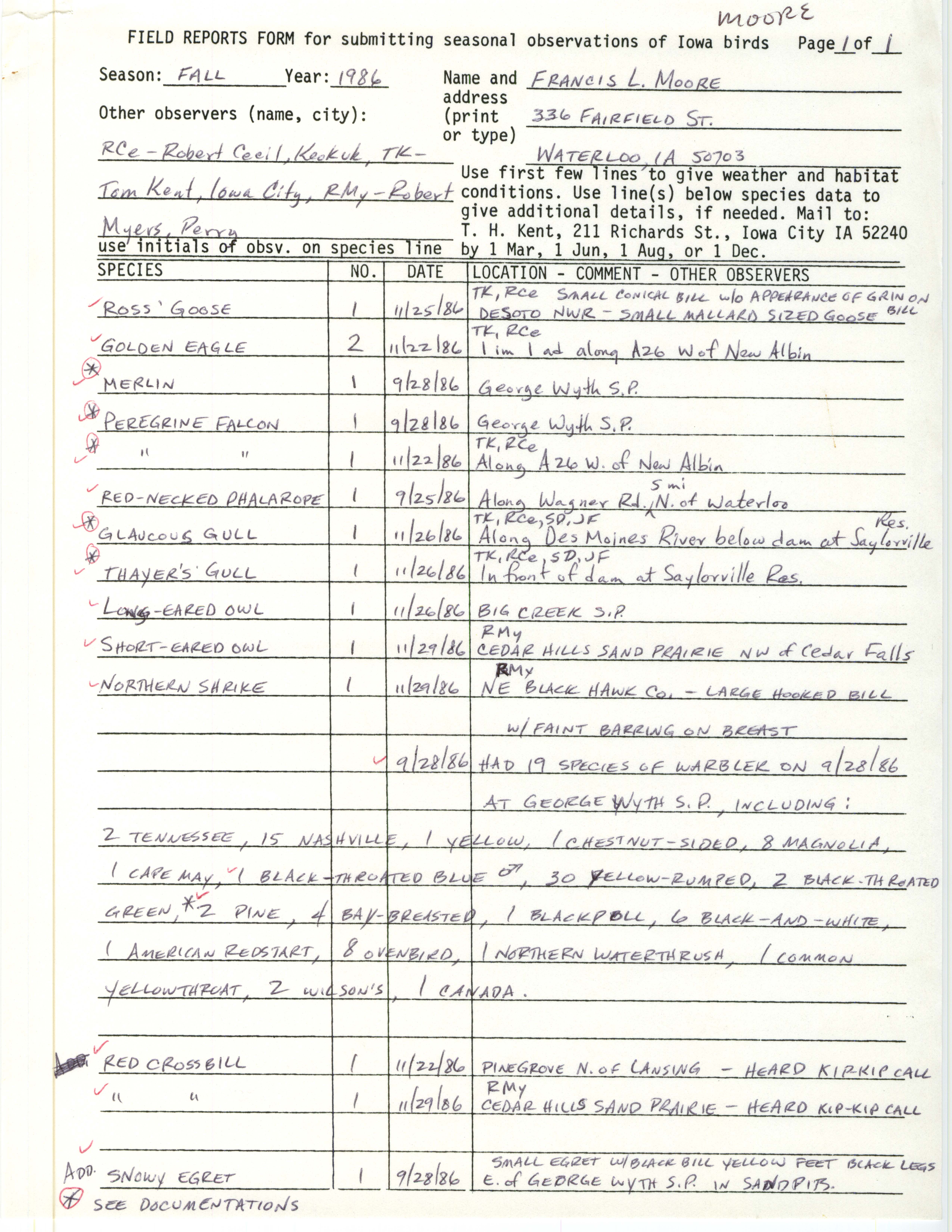 Field reports form for submitting seasonal observations of Iowa birds, Francis L. Moore, fall 1986