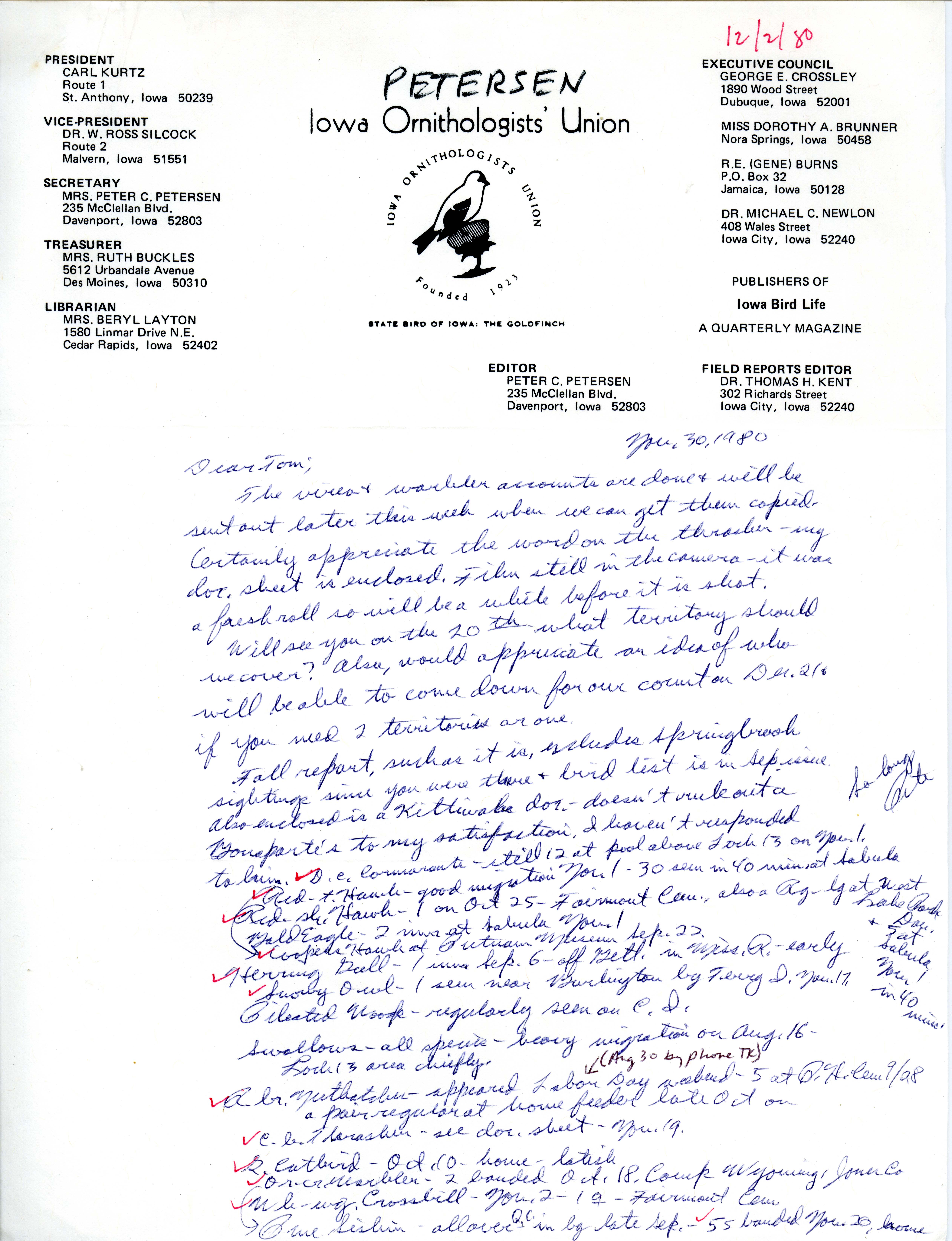 Peter C. Peterson letter to Thomas Kent regarding Vireo and Warbler accounts and Fall birds sighted, November 30, 1980
