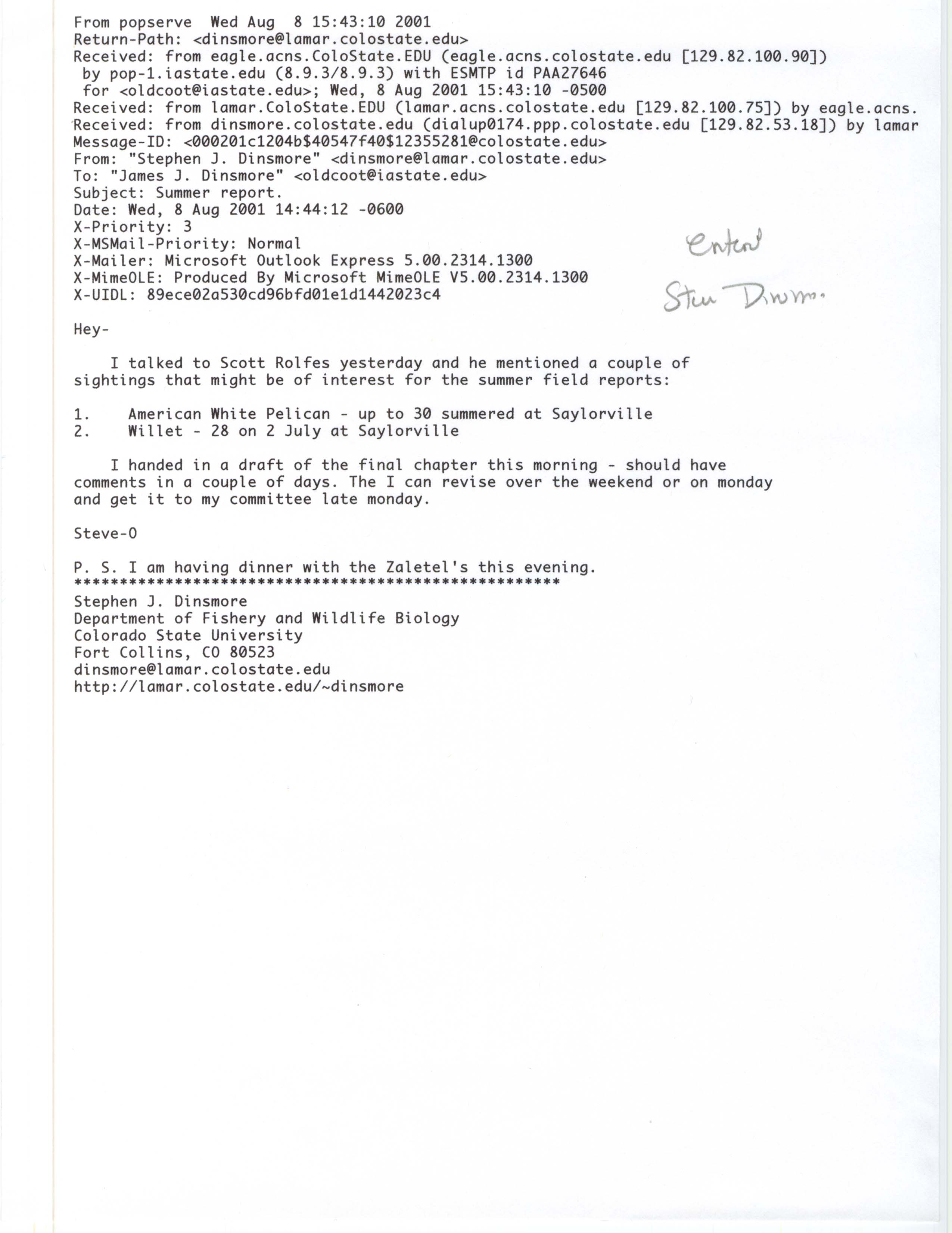 Stephen J. Dinsmore email to James J. Dinsmore regarding bird sightings, August 8, 2001