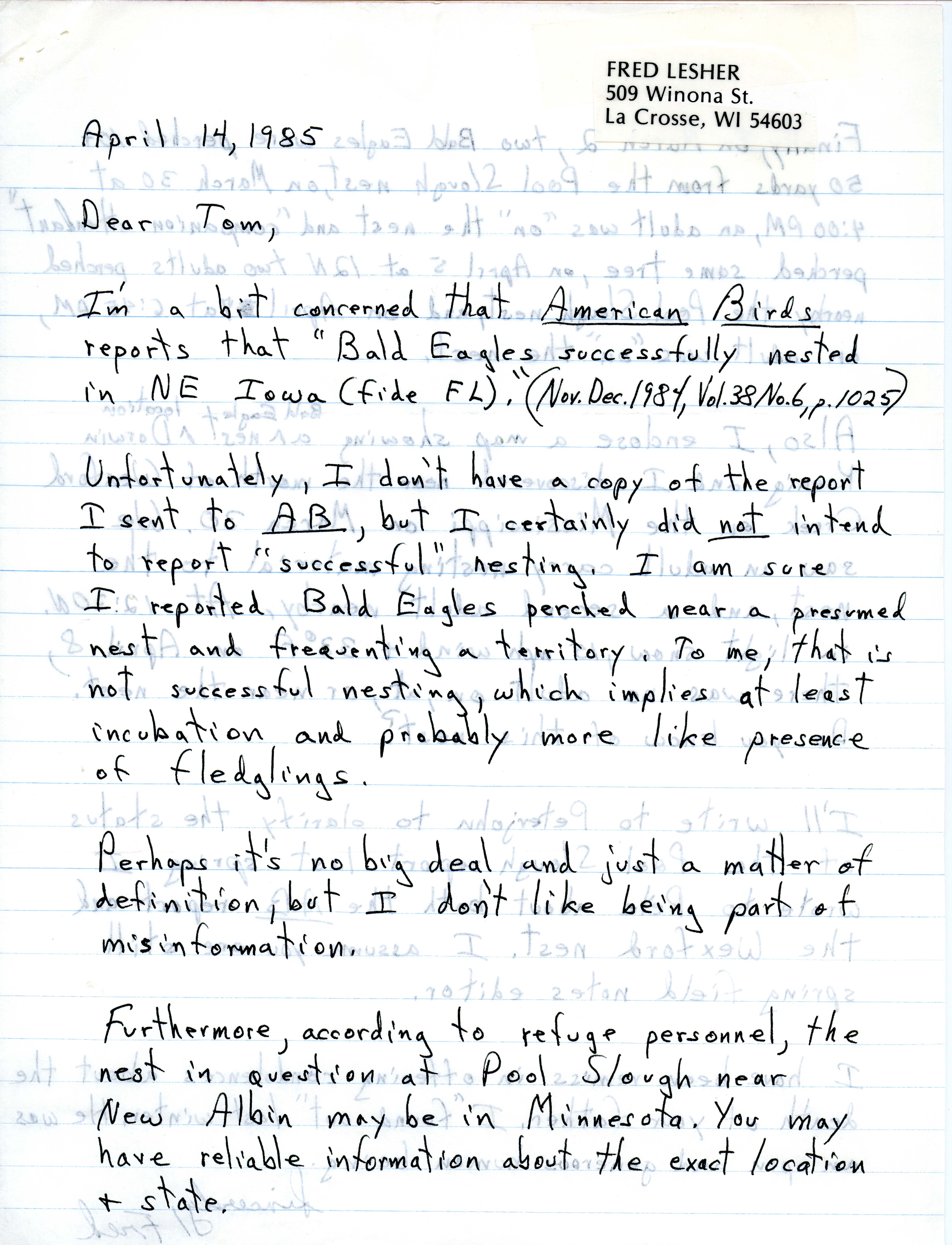 Fred Lesher letter to Thomas H. Kent regarding bald eagle nests, April 14, 1985