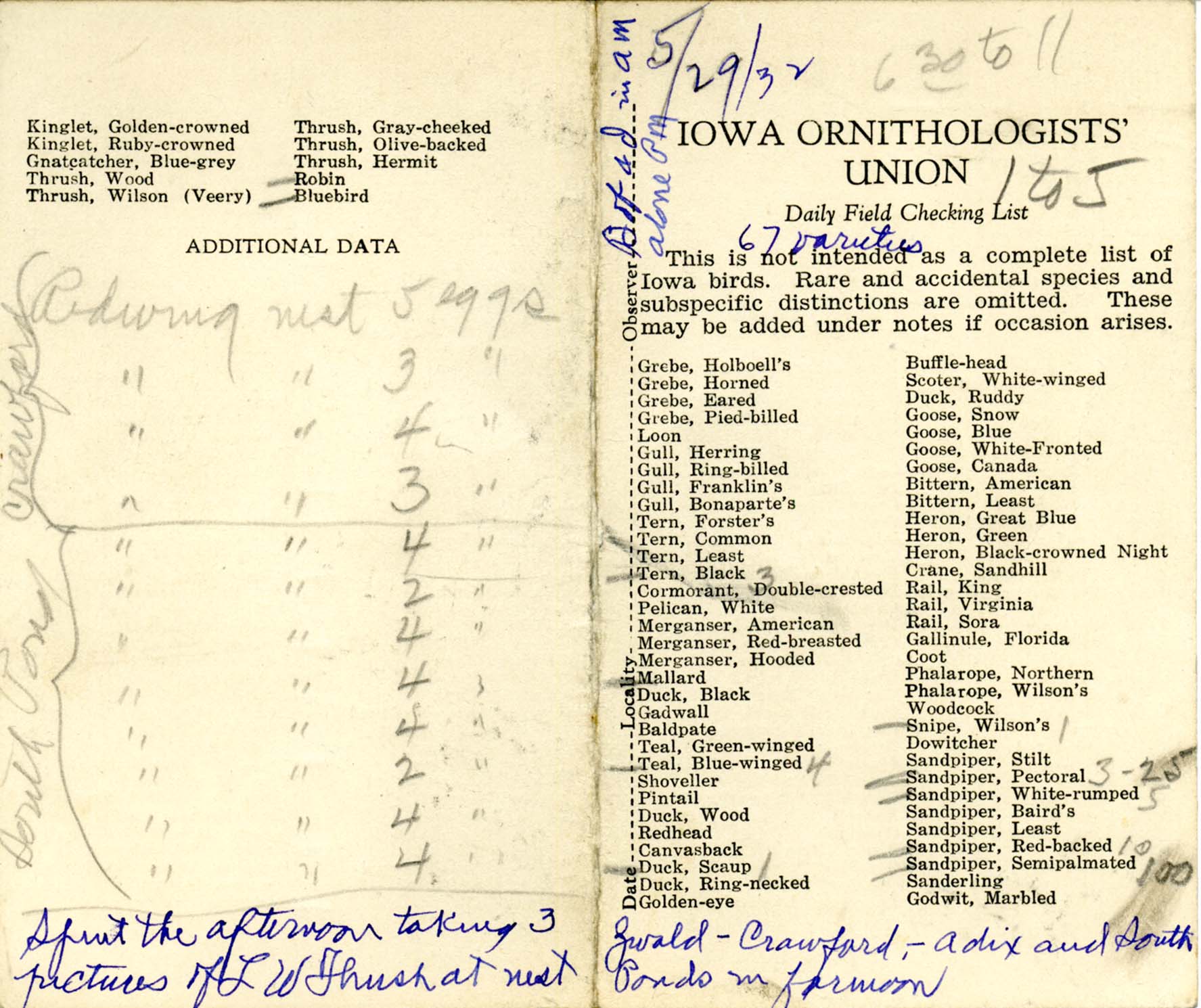 Daily field checking list, Walter Rosene, May 29, 1932
