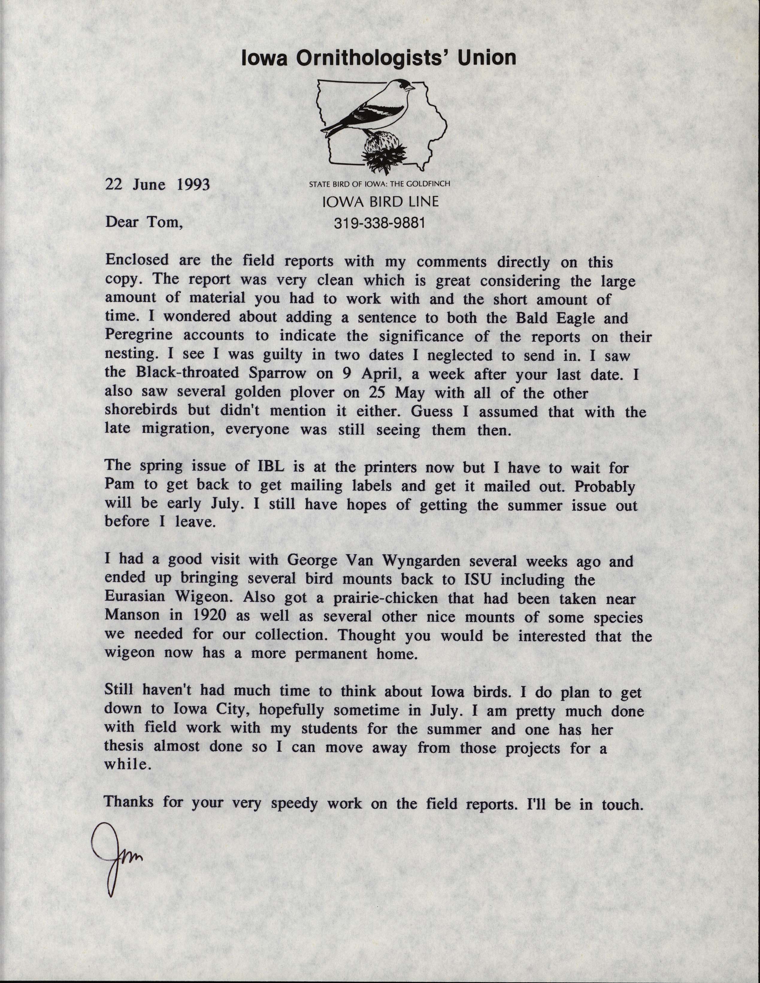 Jim Dinsmore letter to Thomas Kent regarding field reports, June 22, 1993