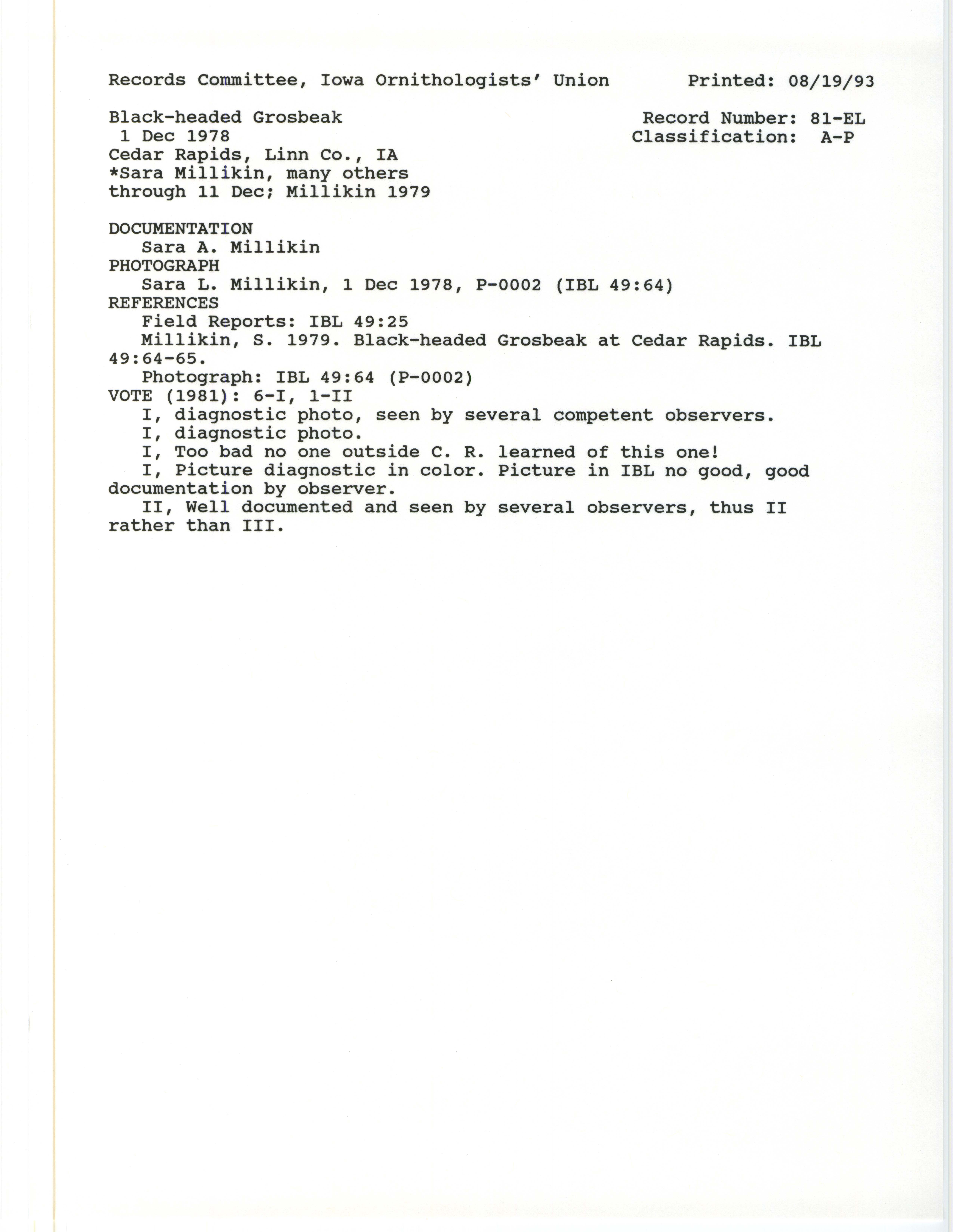 Records Committee review for rare bird sighting for Black-headed Grosbeak at Cedar Rapids, 1978
