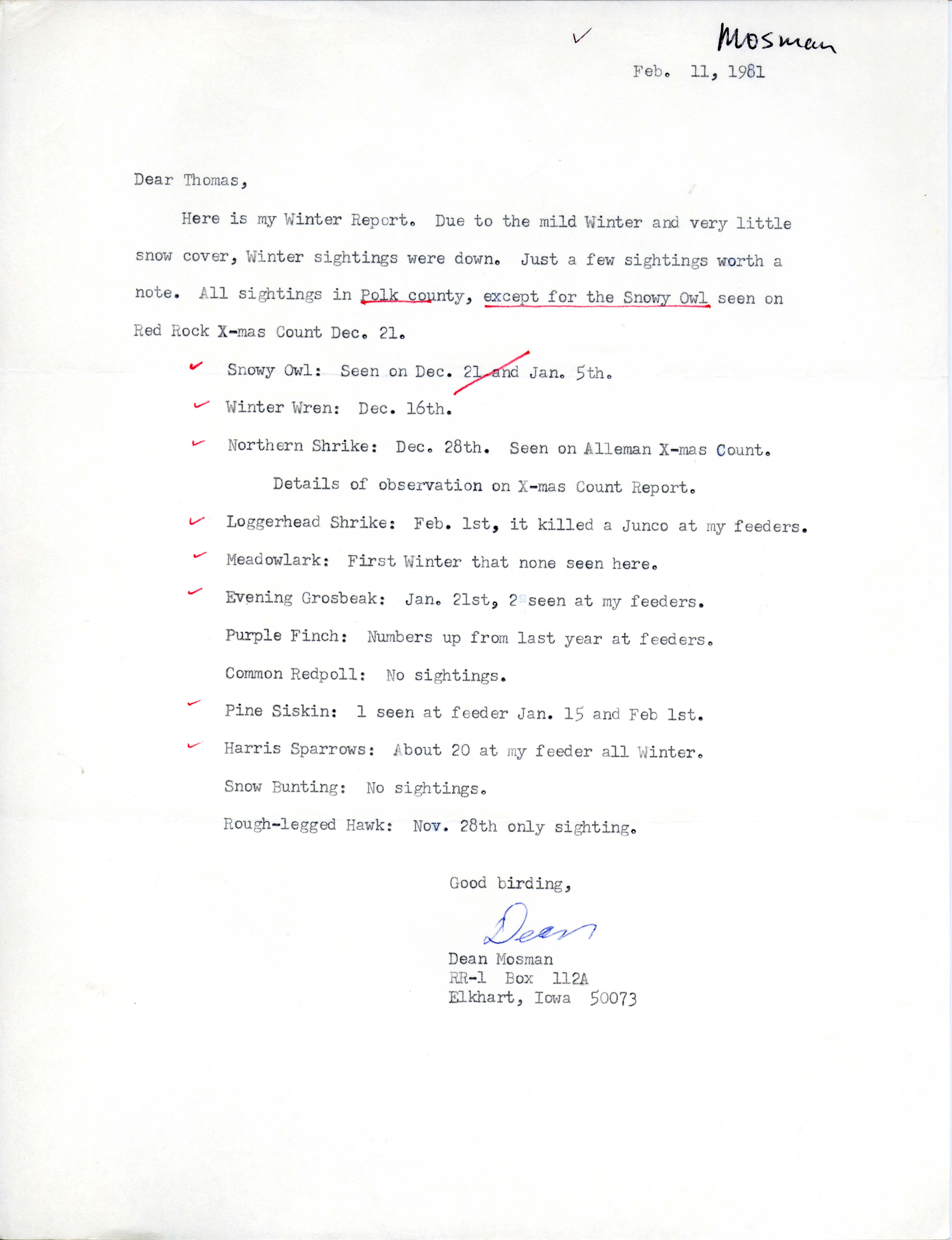Dean Mosman letter to Thomas Kent regarding winter bird sightings, February 11, 1981
