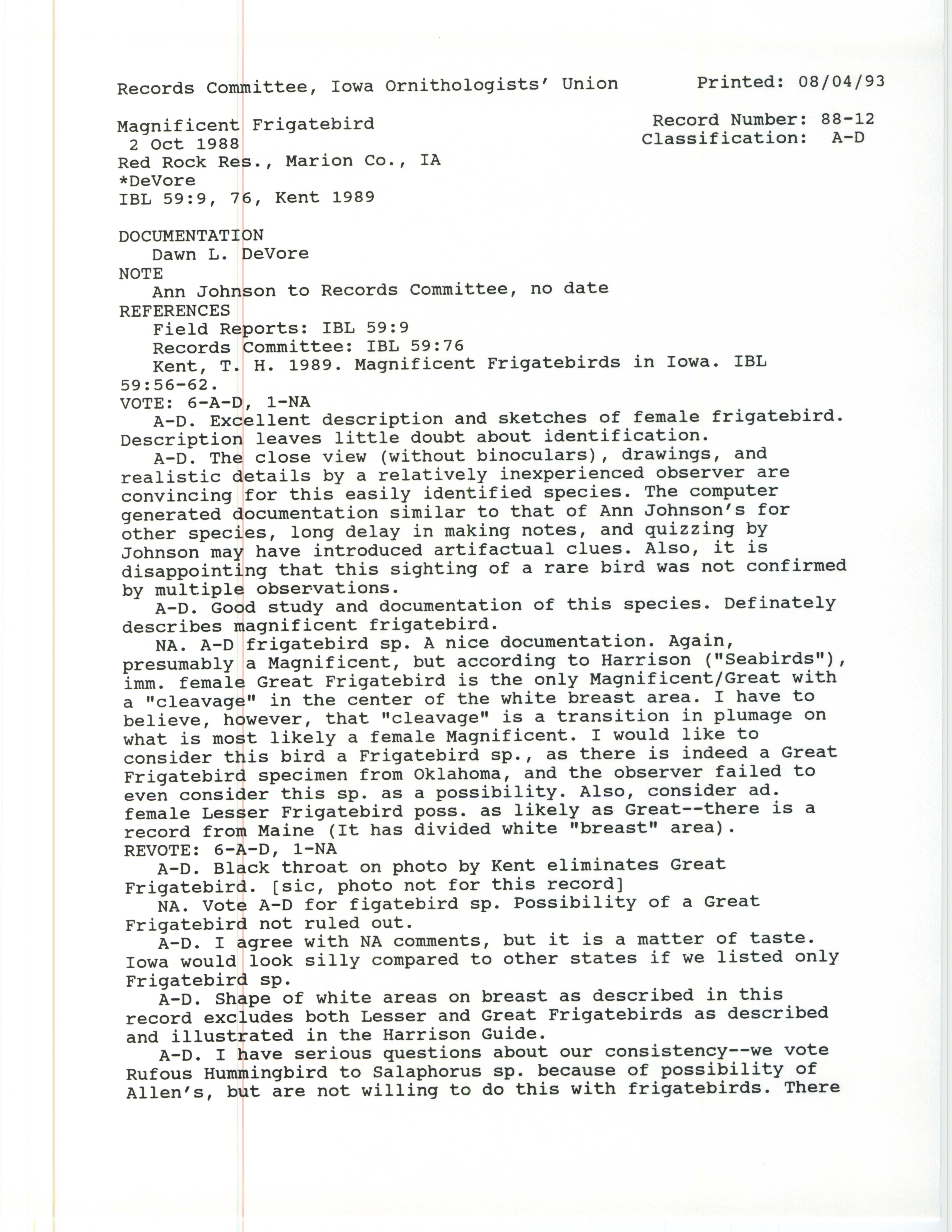 Records Committee review for rare bird sighting of Magnificent Frigatebird at Red Rock Reservoir, 1988