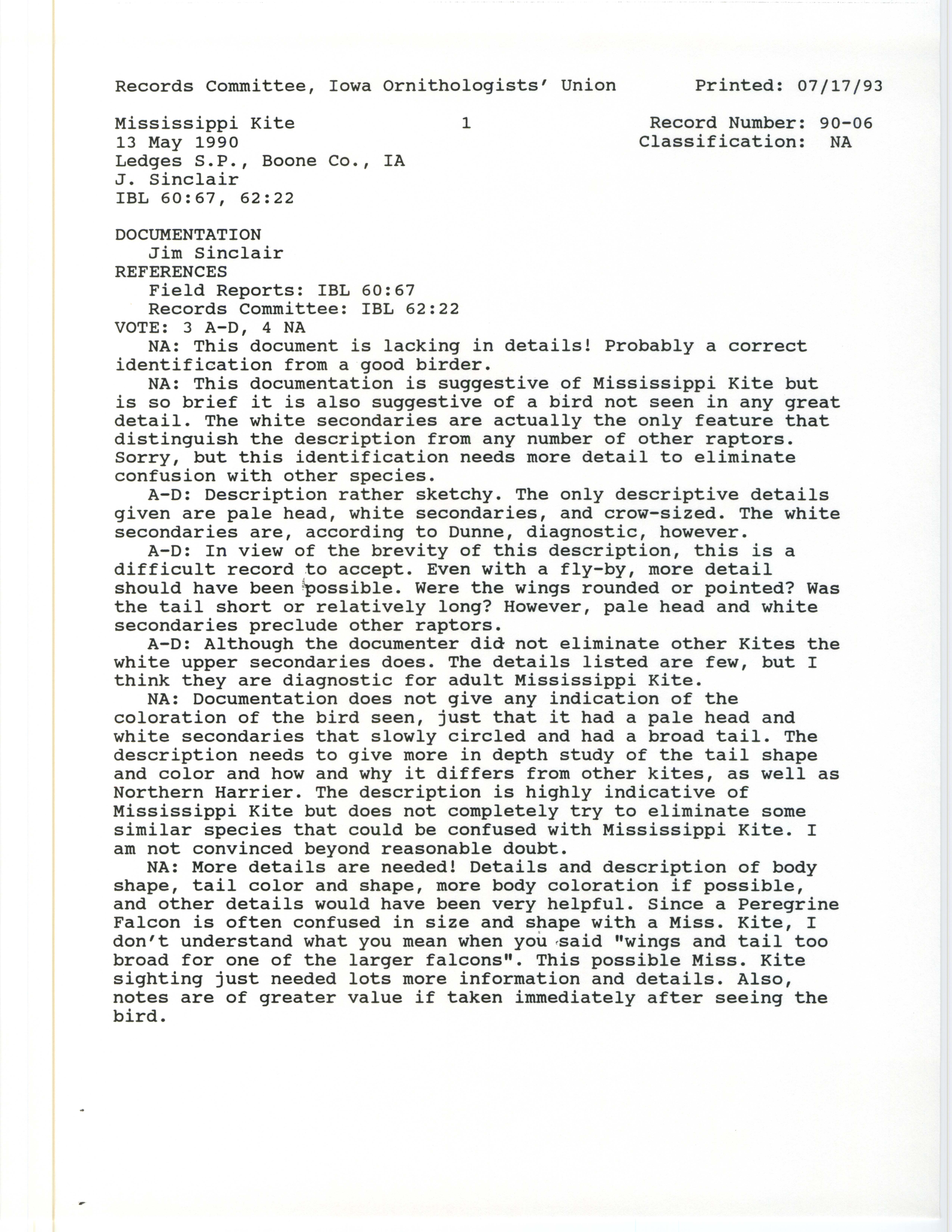 Records Committee review for rare bird sighting of Mississippi Kite at Ledges State Park, 1990