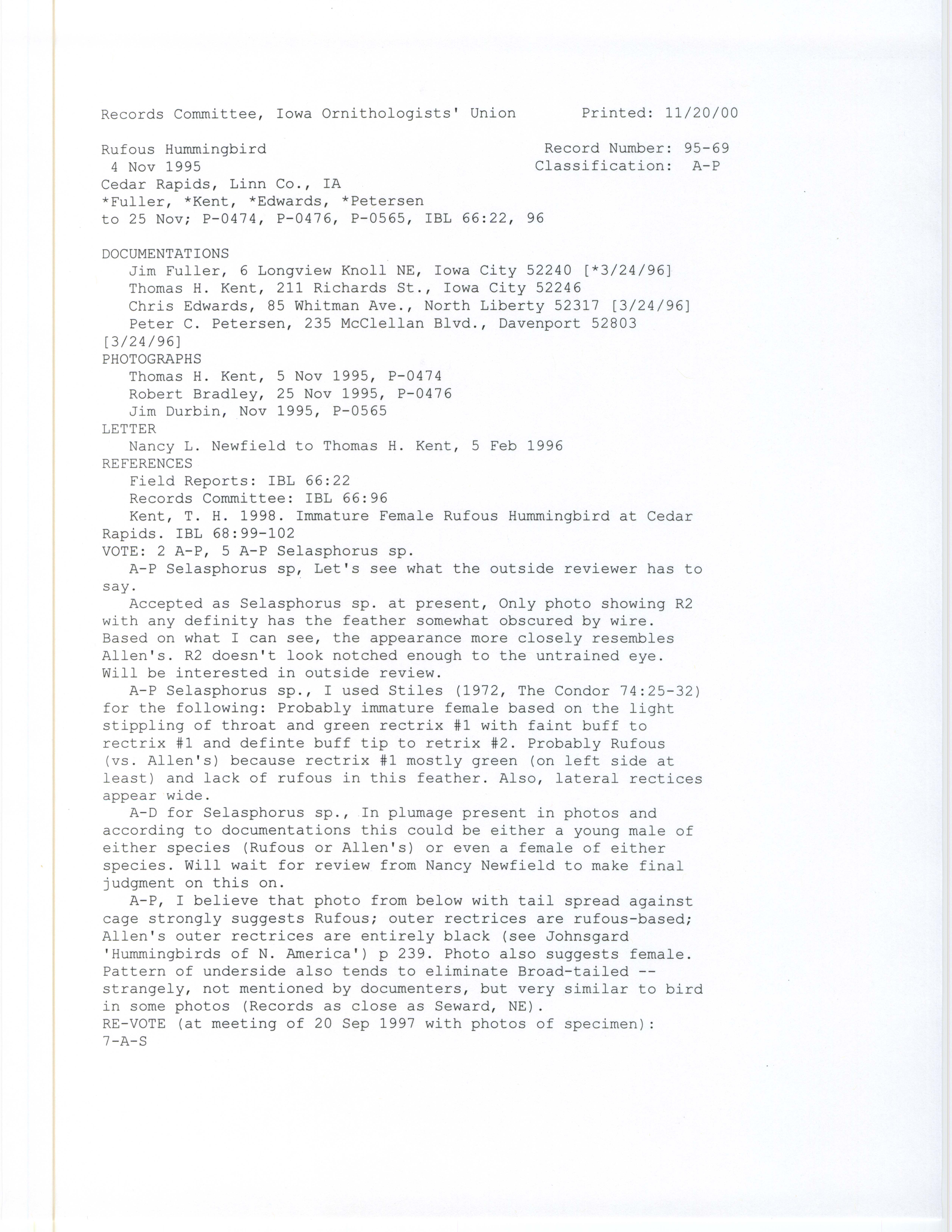 Records Committee review for rare bird sighting for Rufous Hummingbird at Cedar Rapids, 1995