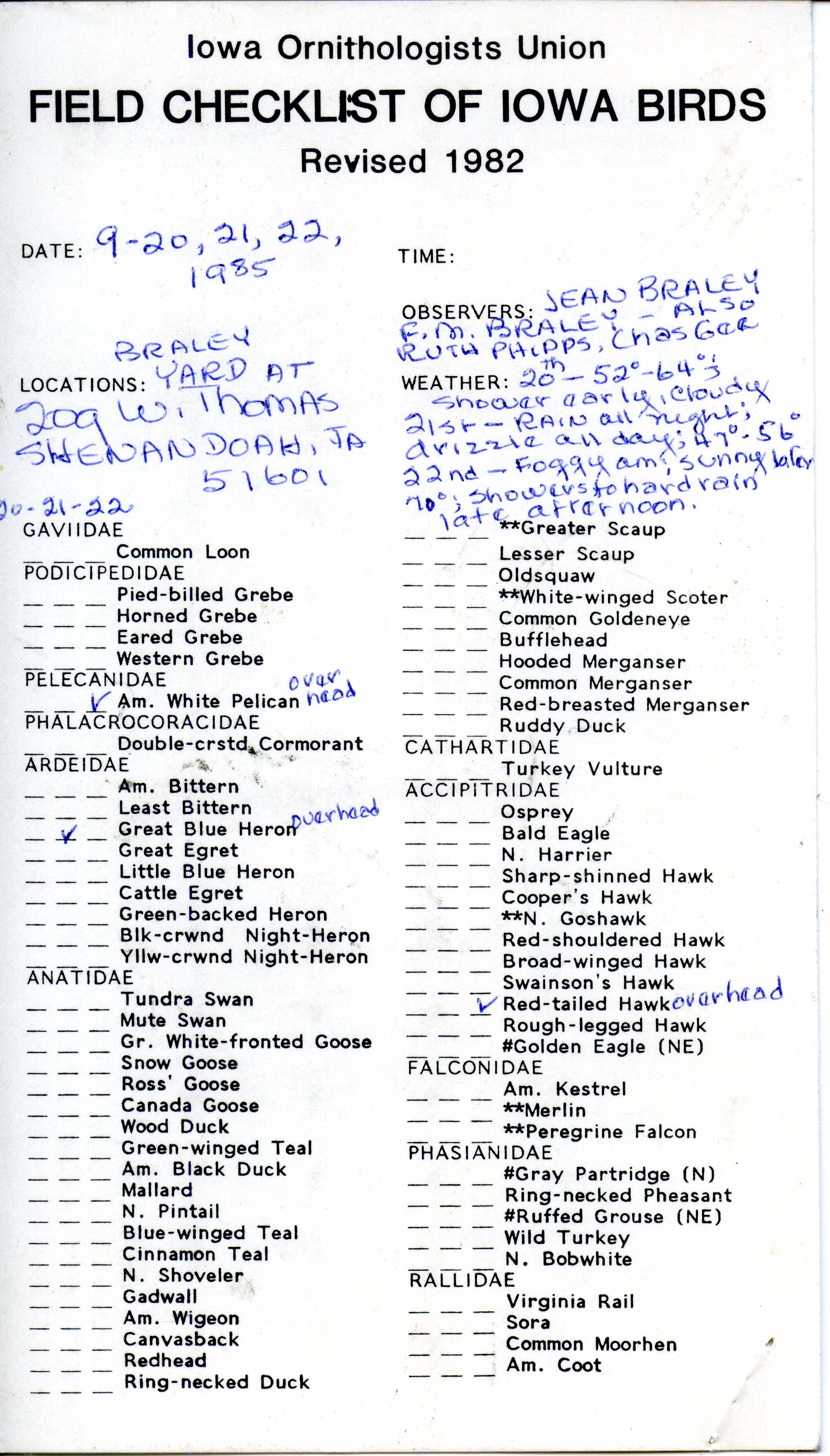 Field checklist of Iowa birds