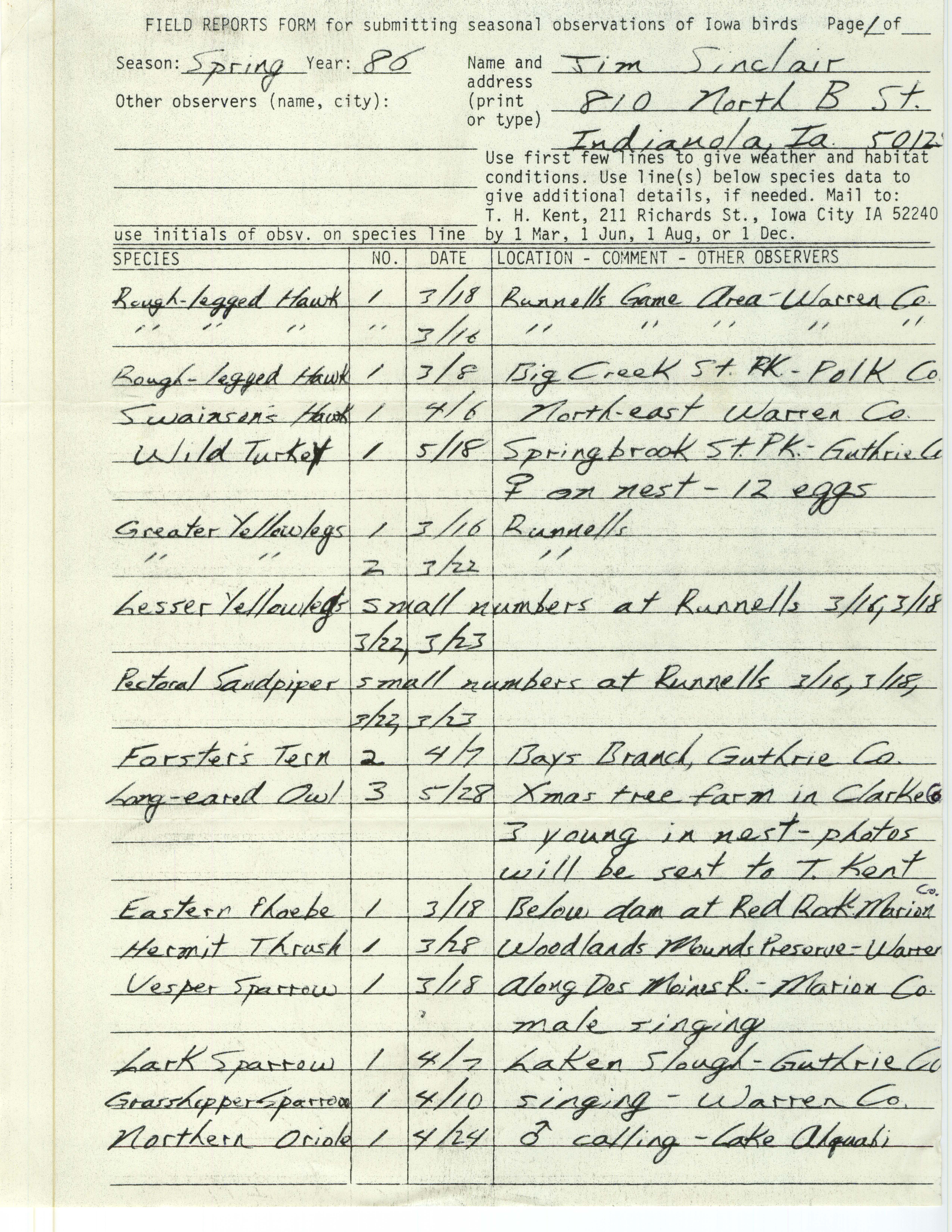 Field reports form for submitting seasonal observations of Iowa birds, Jim Sinclair, Spring 1986