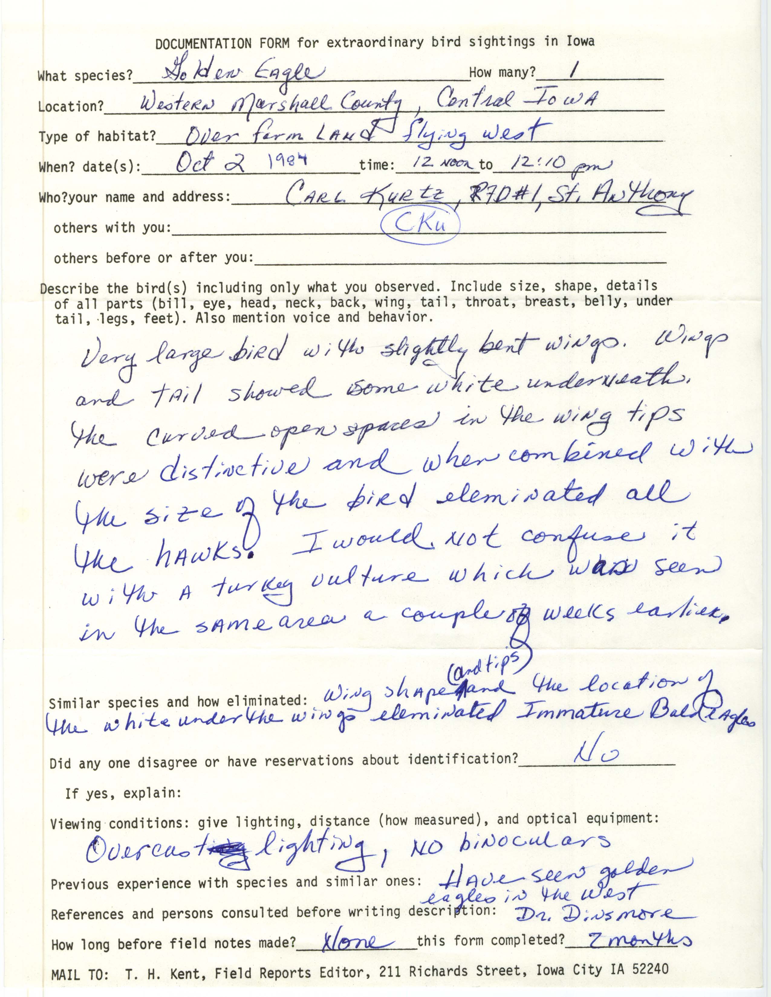 Rare bird documentation form for Golden Eagle in western Marshall County in 1984