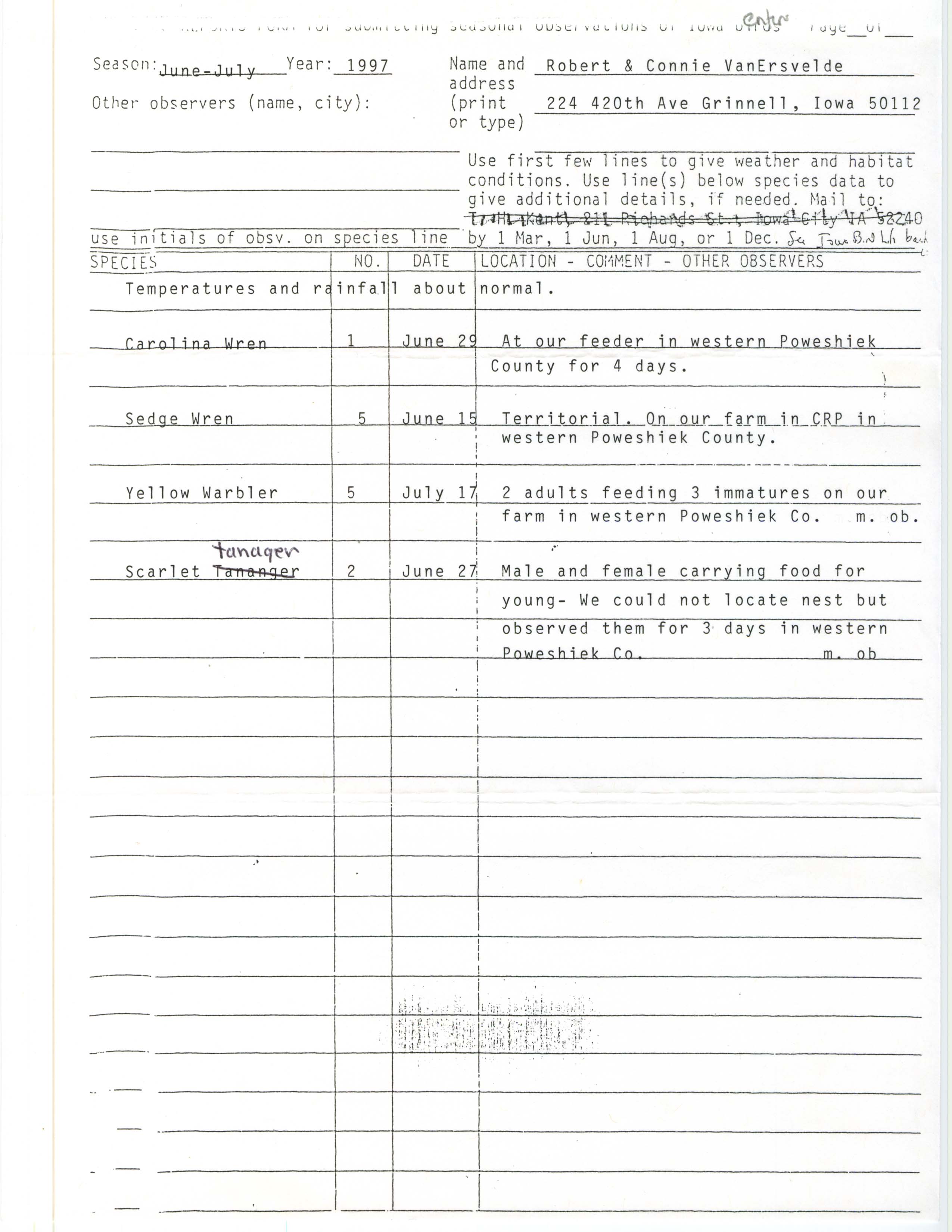 Field reports form for submitting seasonal observations of Iowa birds, Robert VanErsvelde and Connie VanErsvelde, summer 1997