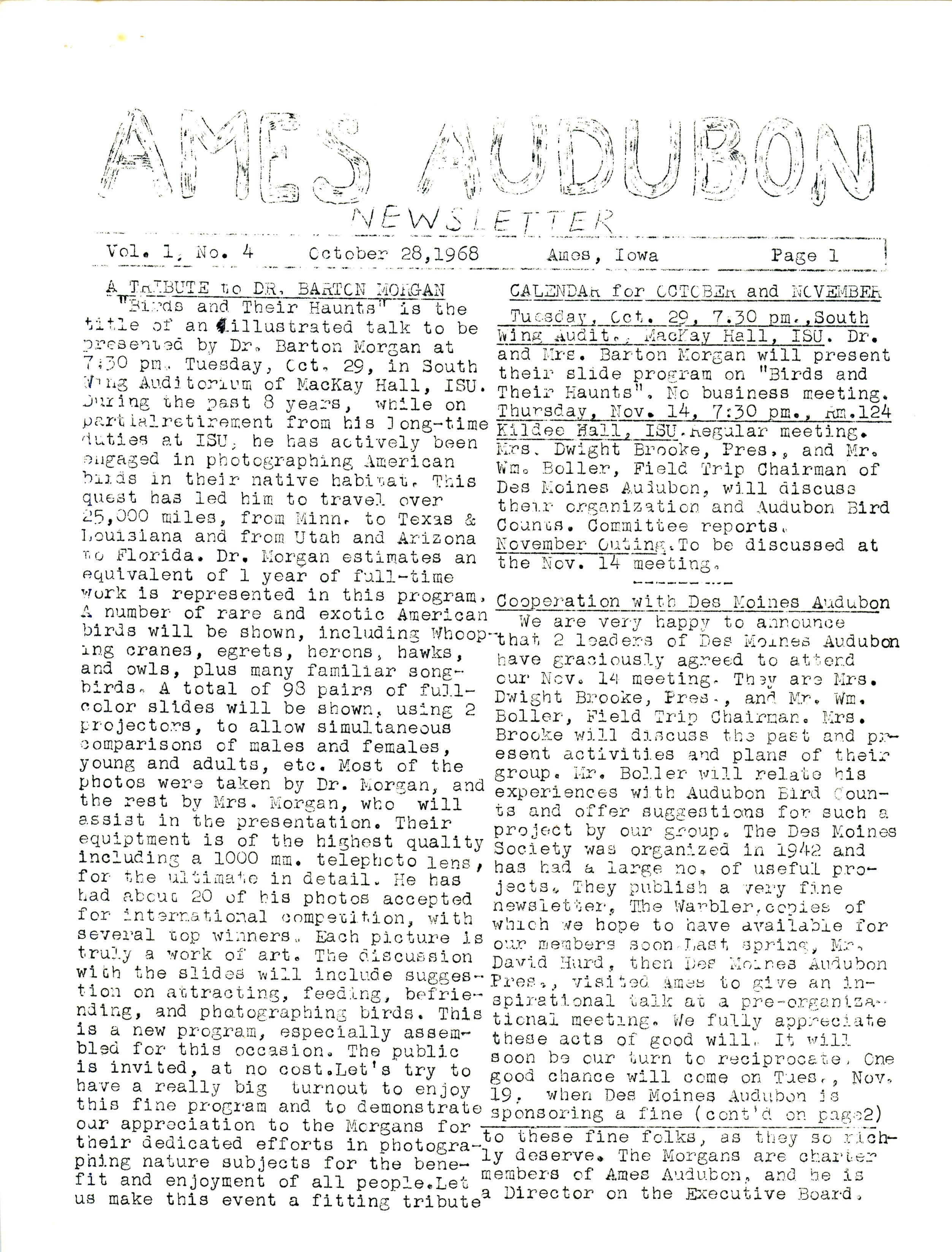 Ames Audubon Newsletter, Volume 1, Number 4, October 28, 1968