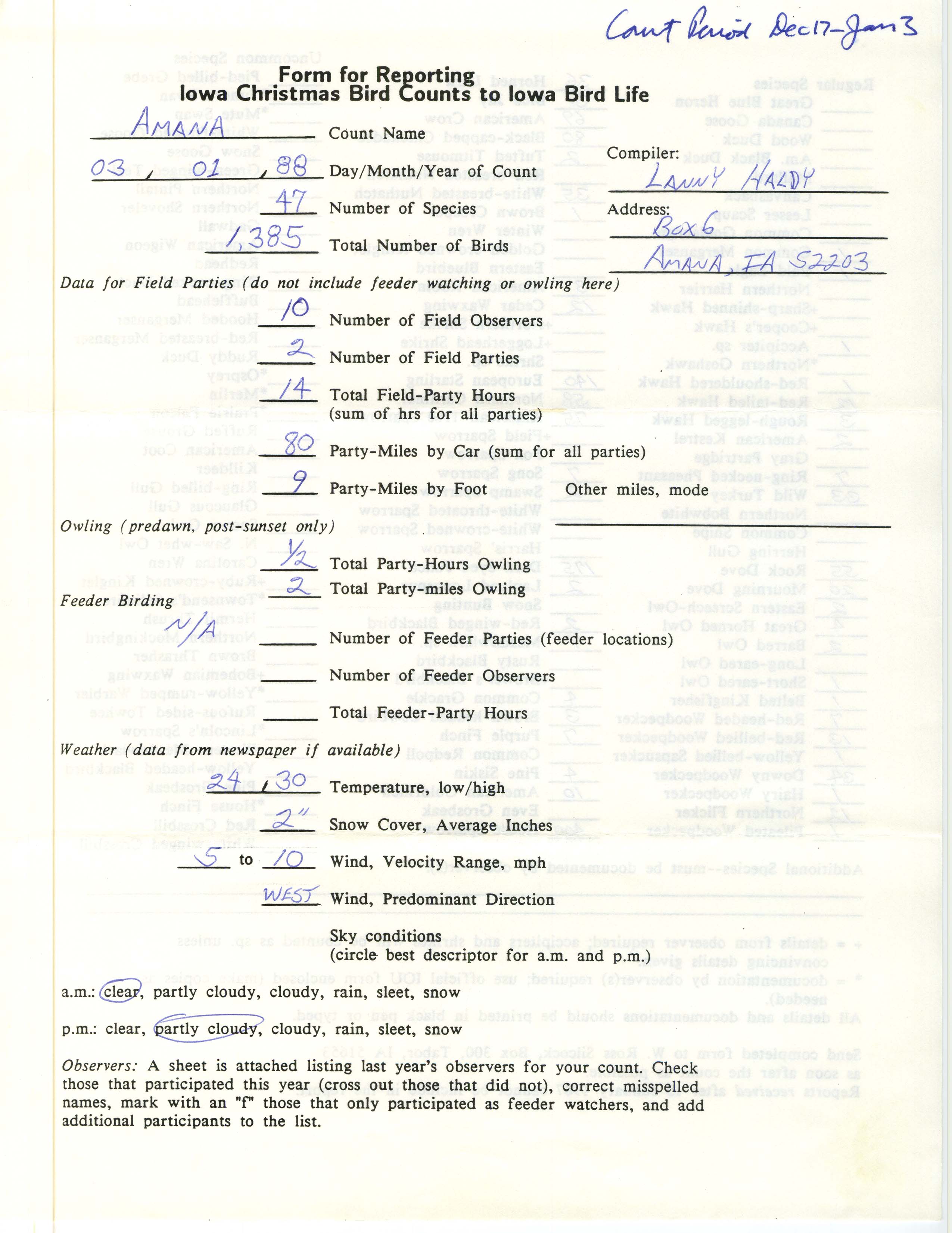 Form for reporting Iowa Christmas bird counts to Iowa Bird Life, Lanny Haldy, March 1, 1988