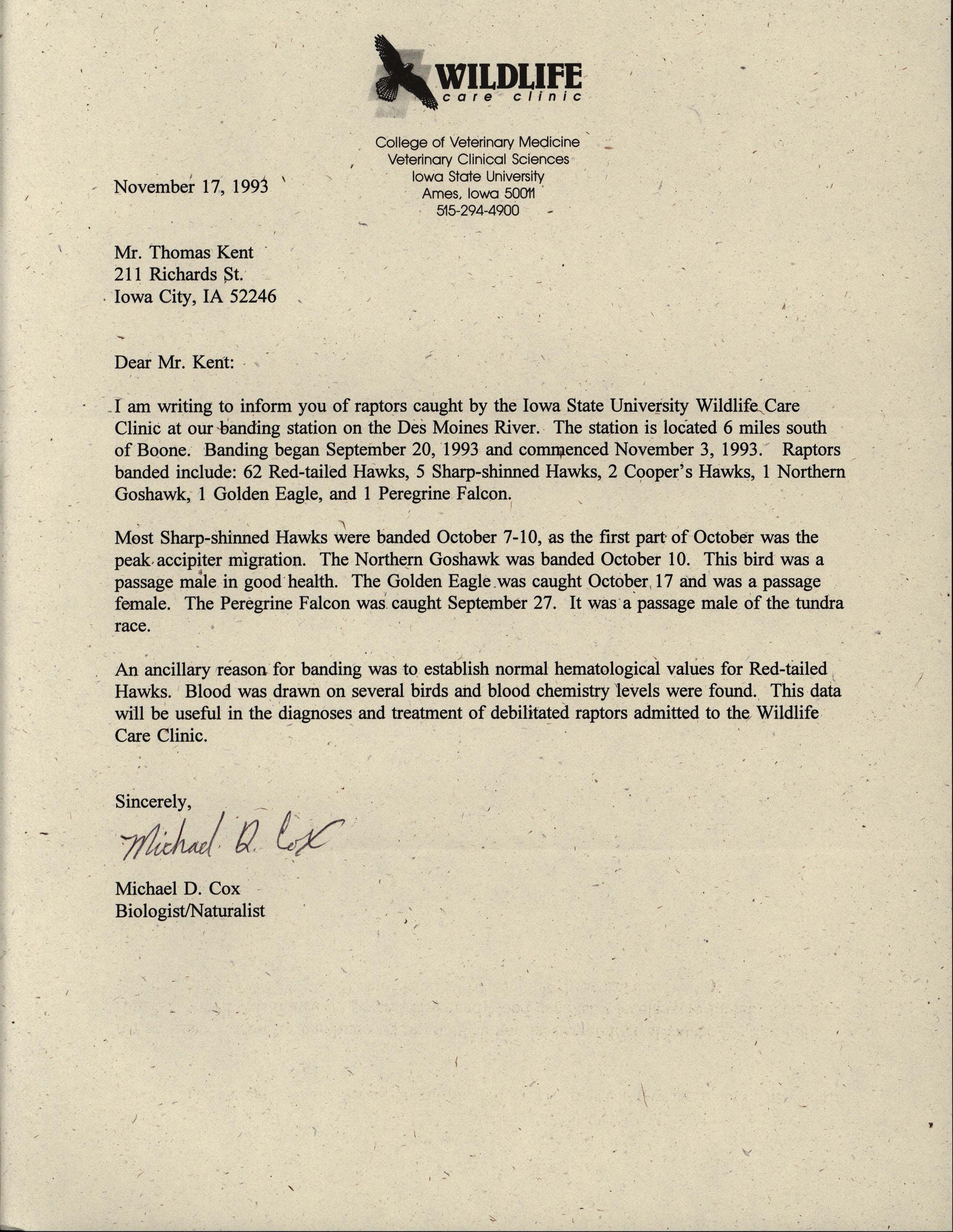 Michael D. Cox letter to Thomas H. Kent regarding captured and banded raptors, November 17, 1993