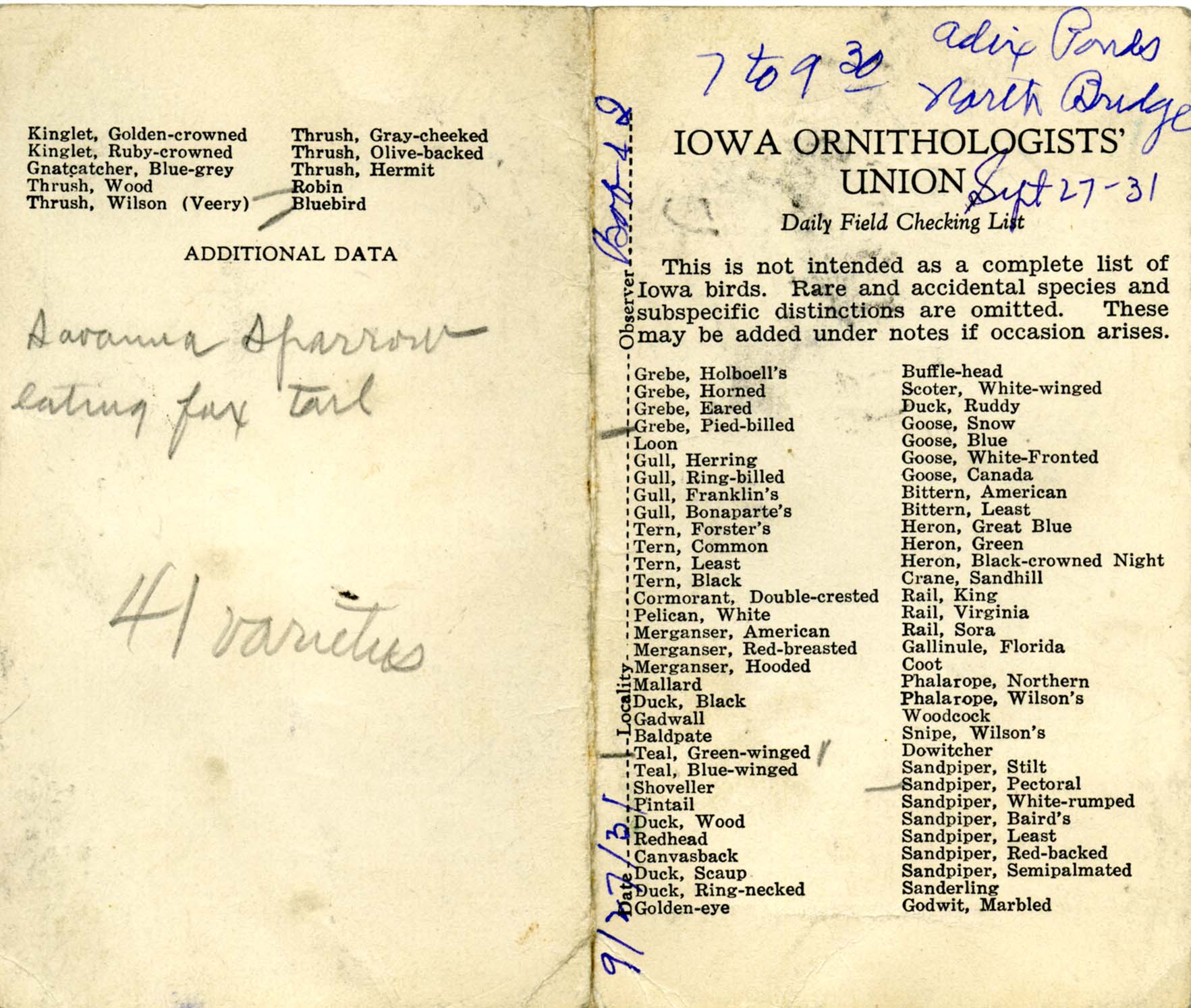 Daily field checking list, Walter Rosene, September 27, 1931