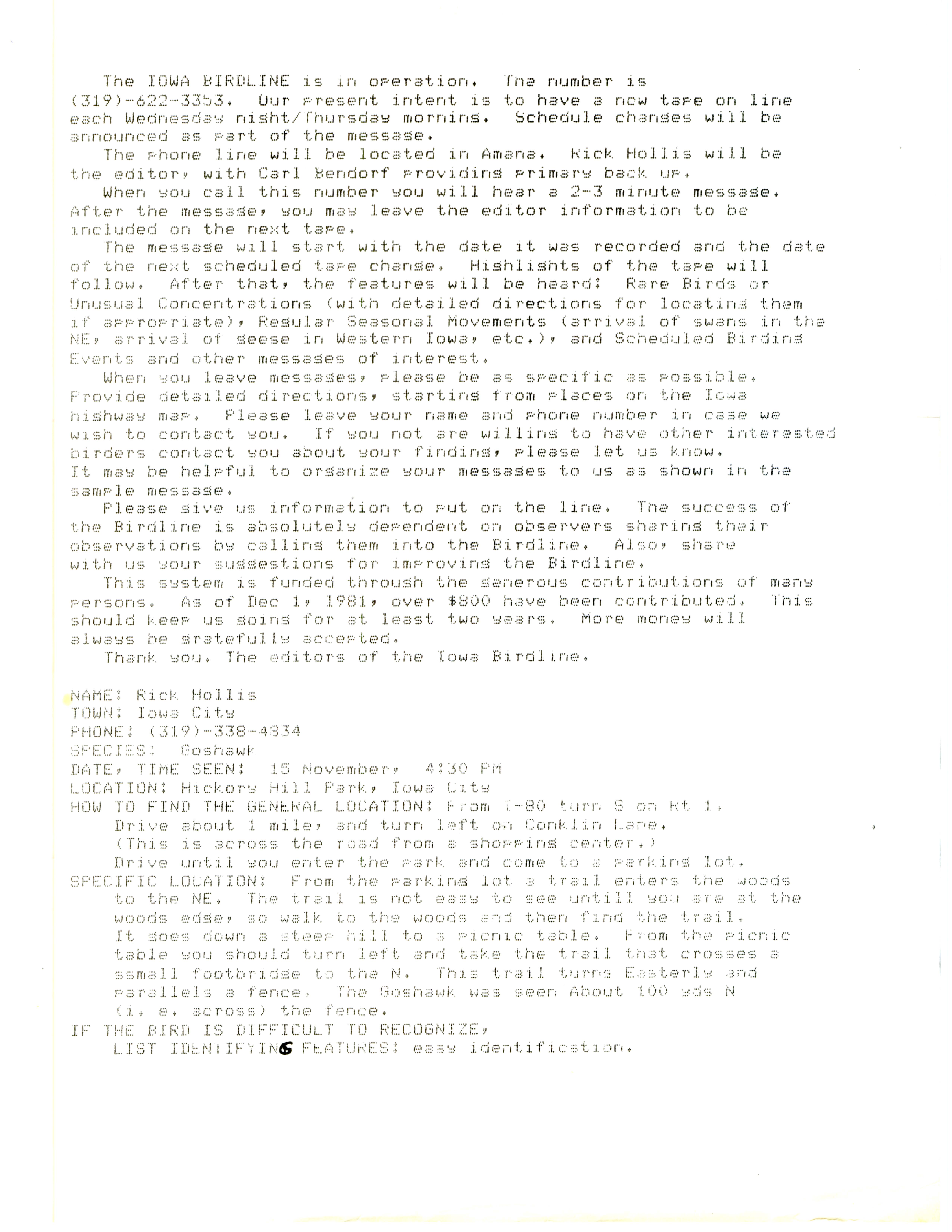 Richard Jule Hollis letter to Hank Zaletel regarding the Iowa Birdline, December 17, 1981