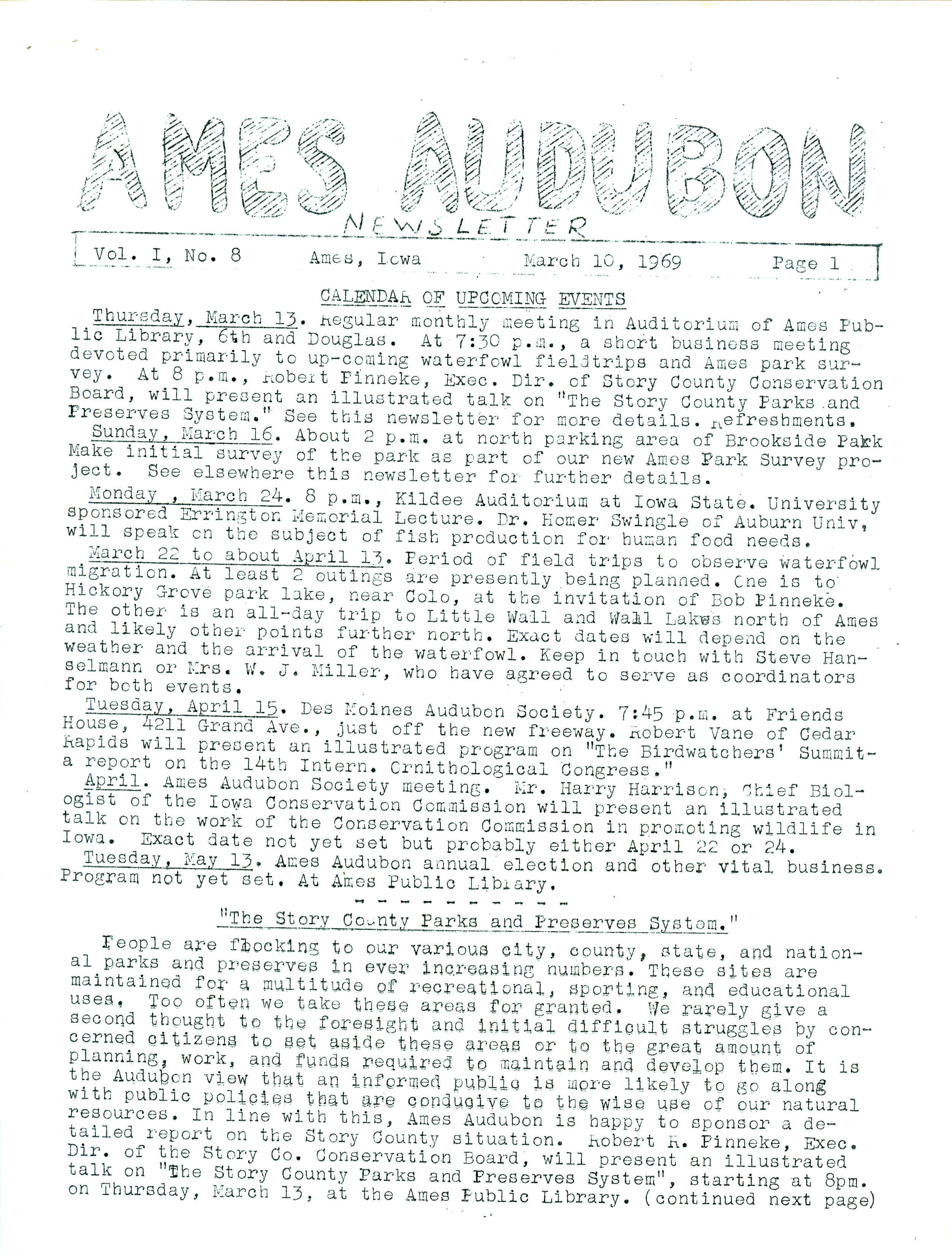 Ames Audubon Newsletter, Volume 1, Number 8, March 10, 1969