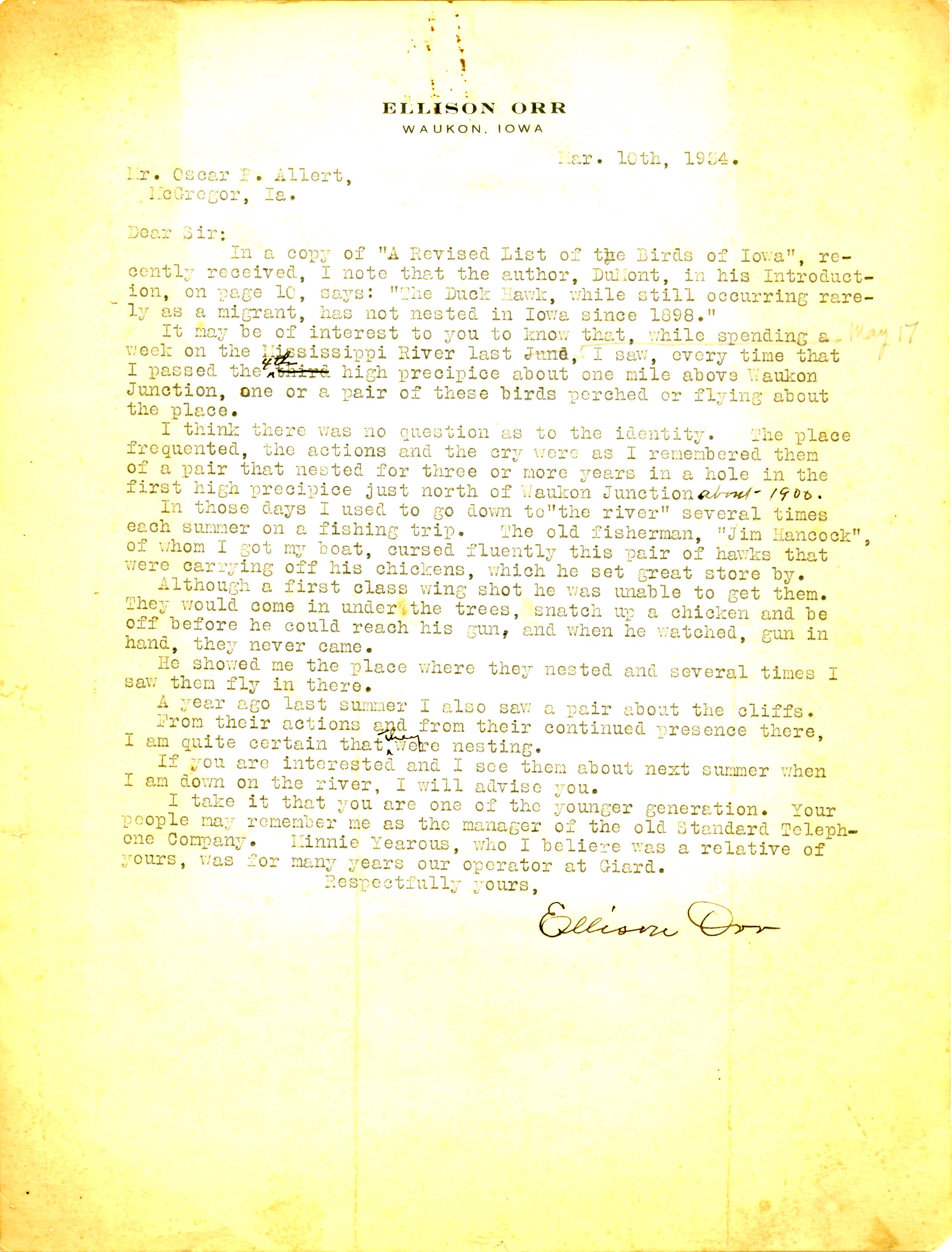 Ellison Orr letter to Oscar Allert regarding Peregrine Falcon sightings, March 10, 1934