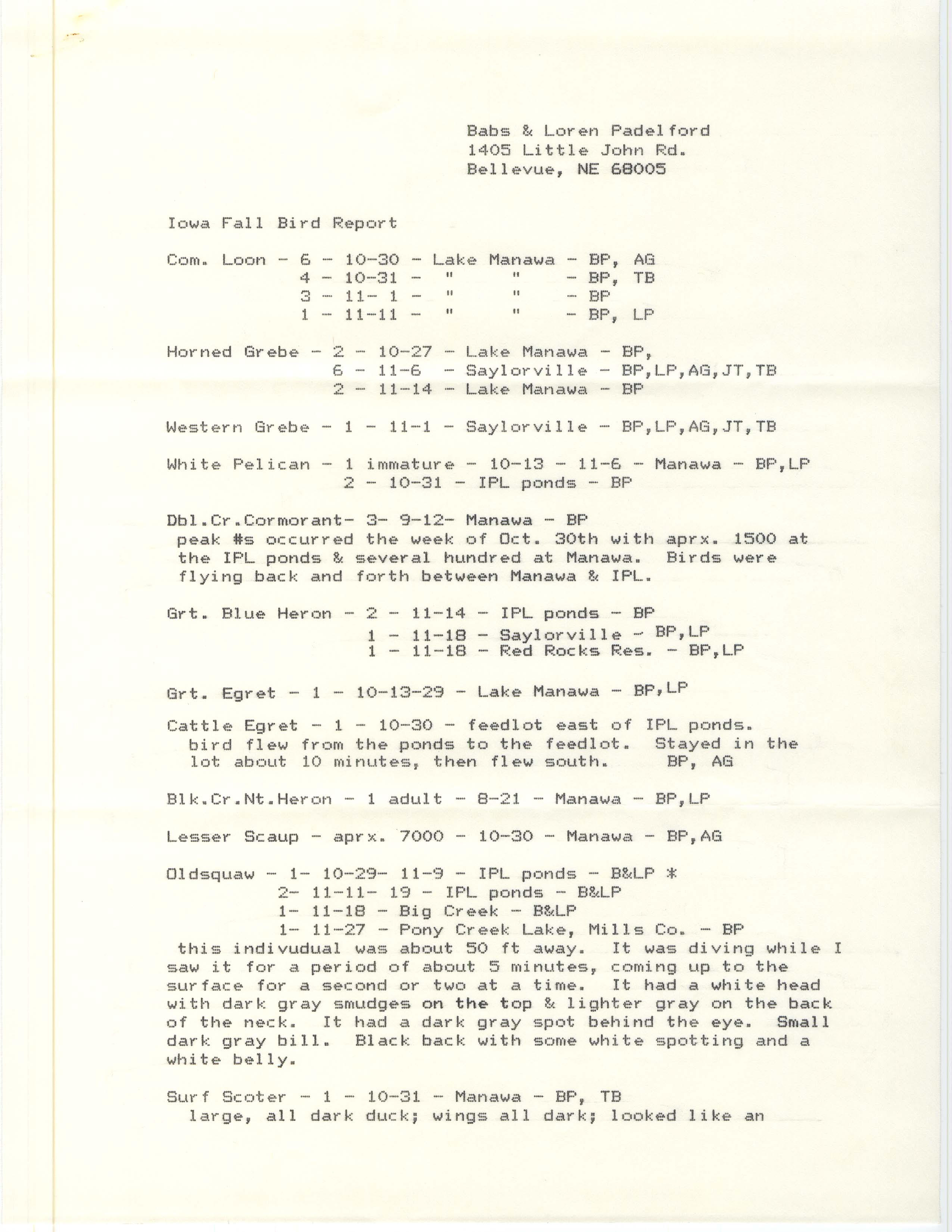 Field reports, Babs and Loren Padelford, fall 1989