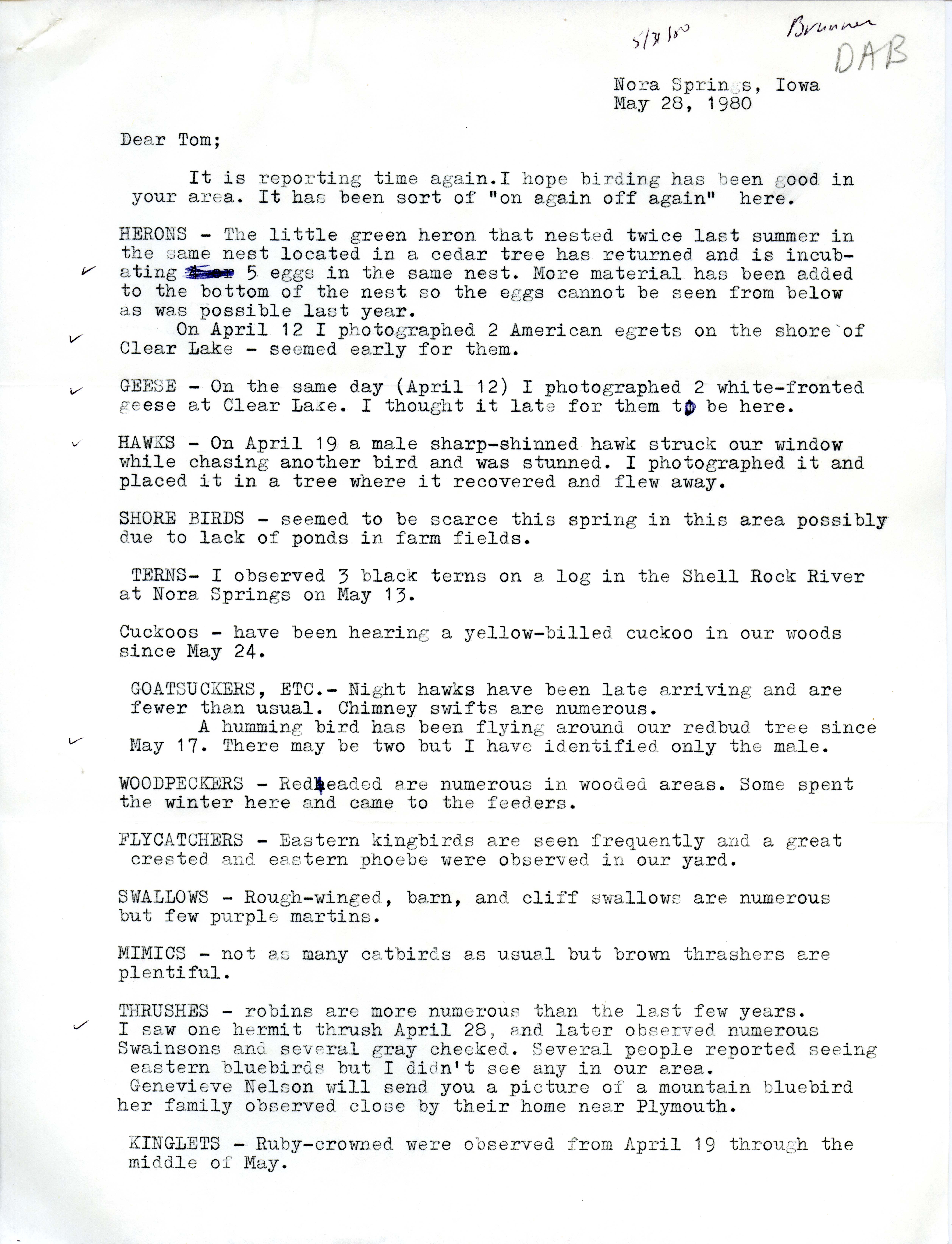 Dorothy A. Brunner letter to Thomas H. Kent regarding bird sightings, May 28, 1980