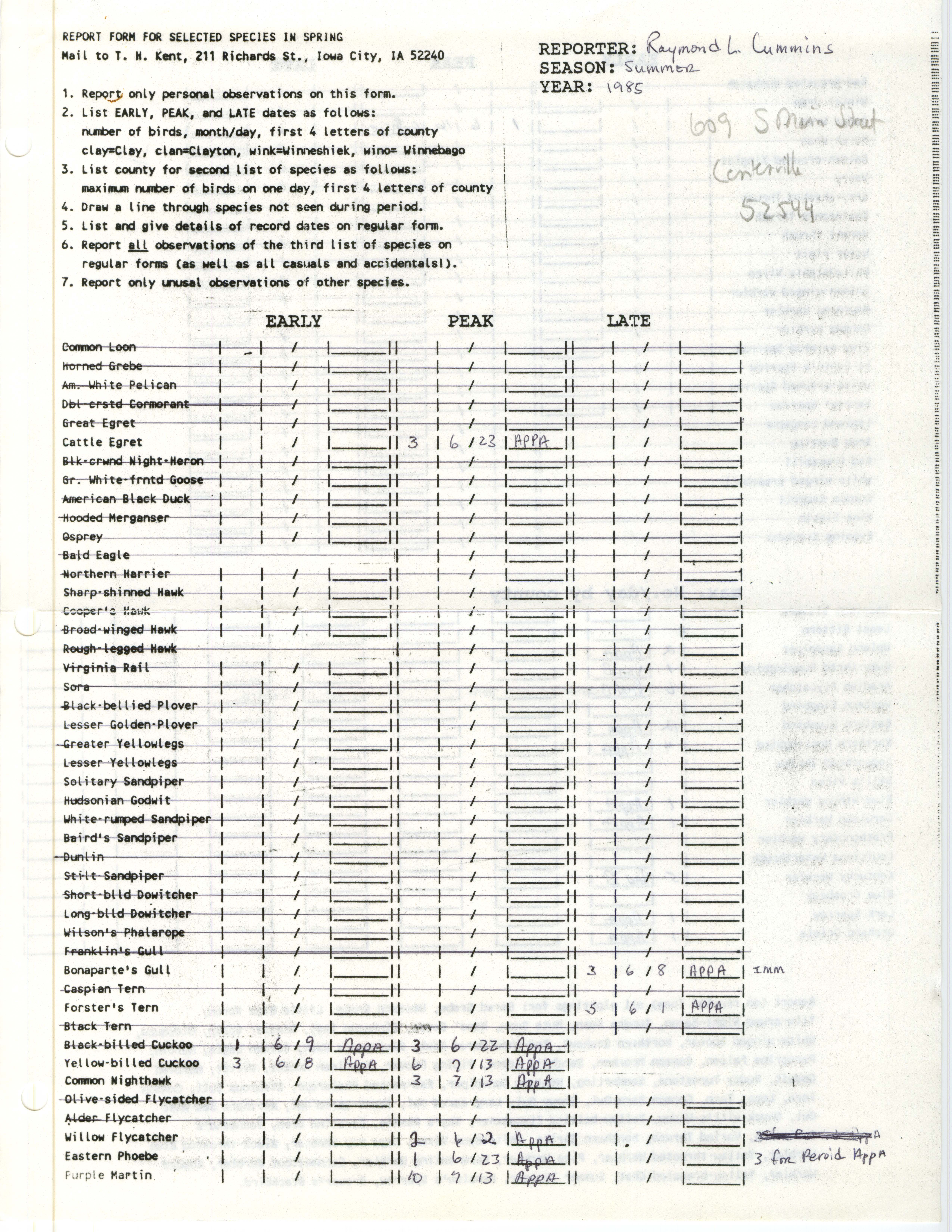 Field notes contributed by Raymond L. Cummins, summer 1985