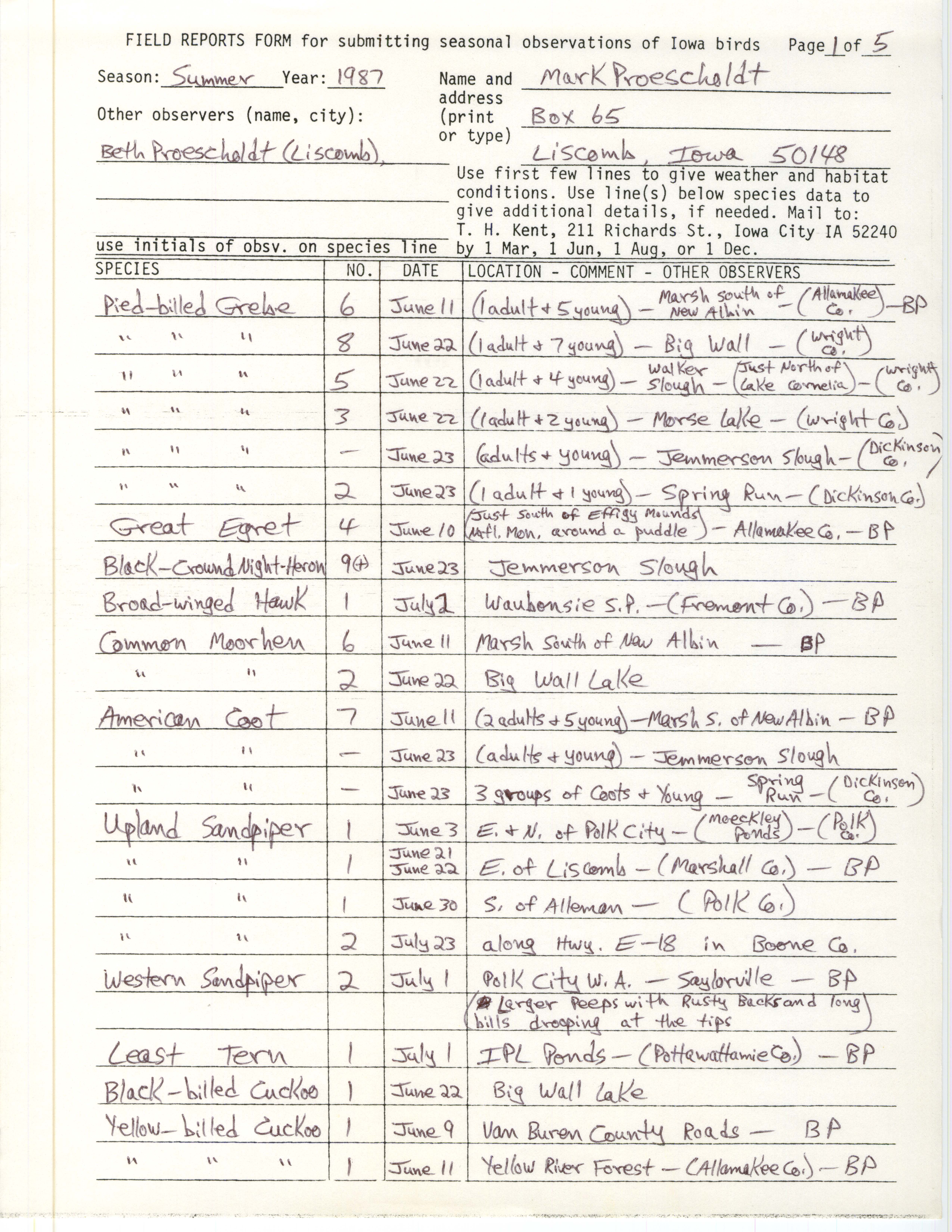 Field reports form for submitting seasonal observations of Iowa birds, Mark Proescholdt, summer 1987