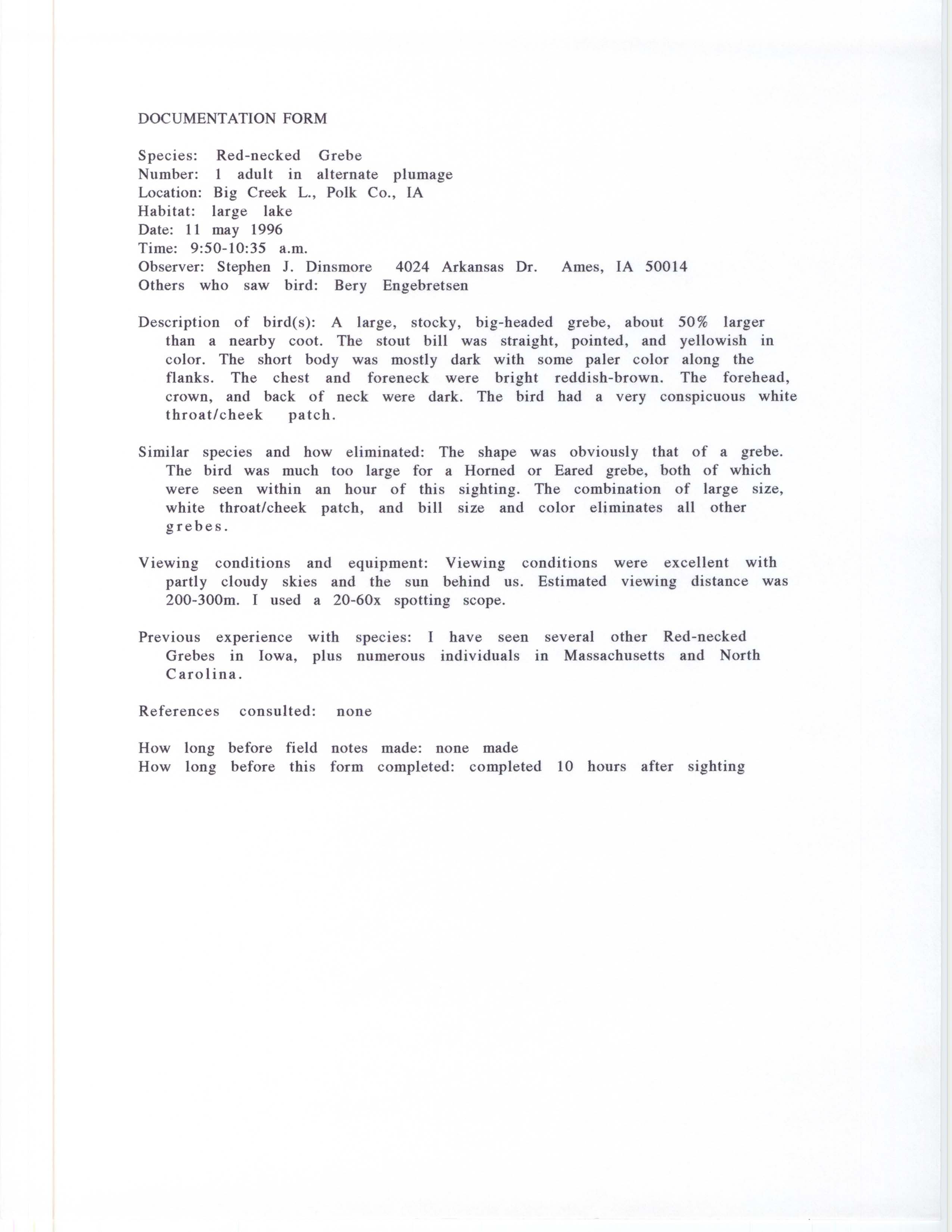 Rare bird documentation form for Red-necked Grebe at Big Creek Lake, 1996