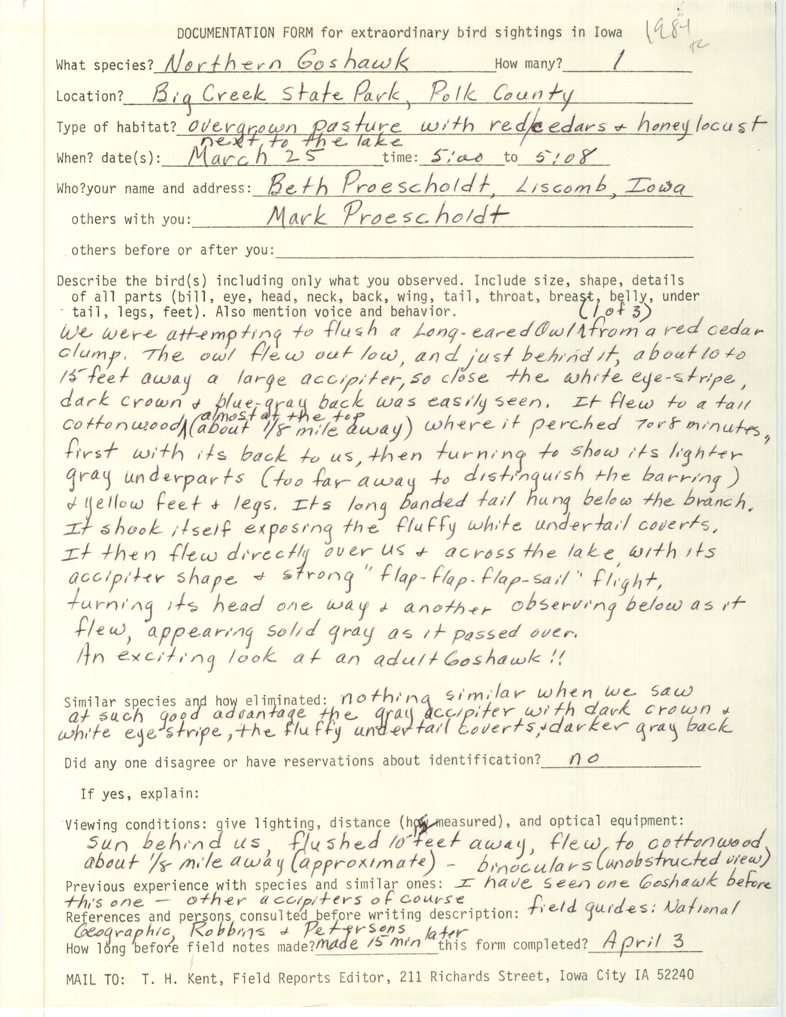 Rare bird documentation form for Northern Goshawk at Big Creek State Park, 1984