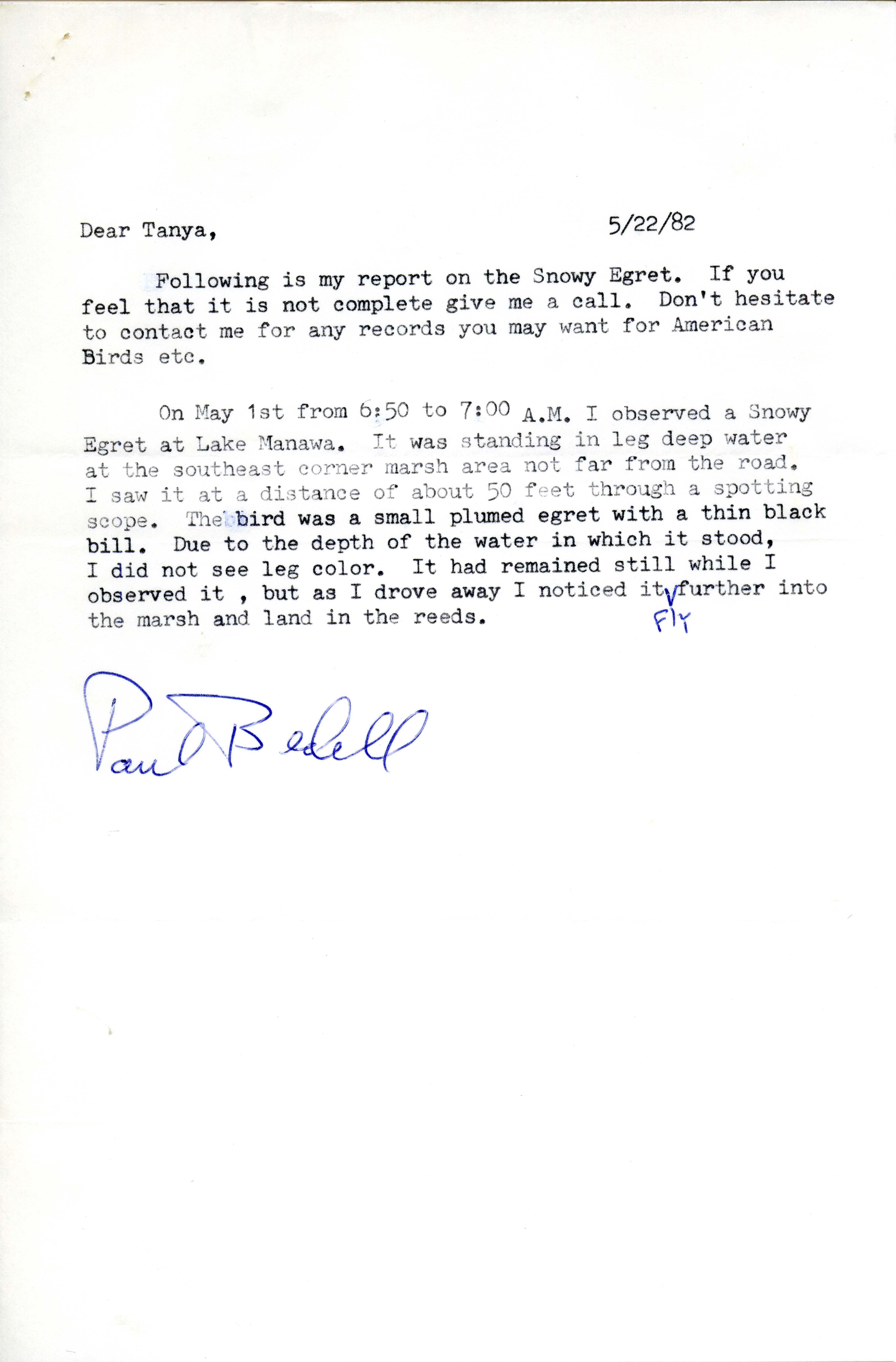 Paul Bedell letter to Tanya Bray regarding field notes, May 22, 1982
