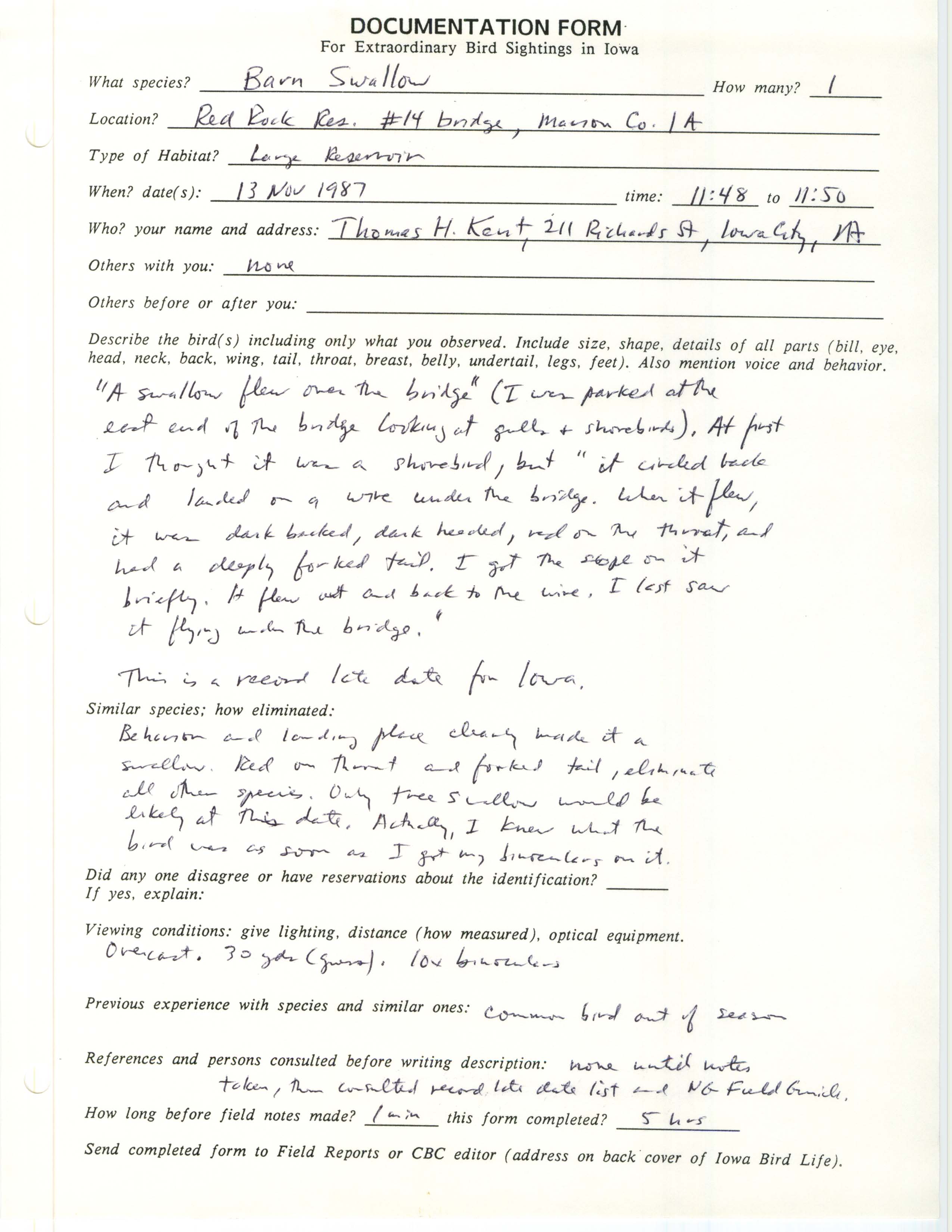 Rare bird documentation form for Barn Swallow at Red Rock Reservoir, 1987