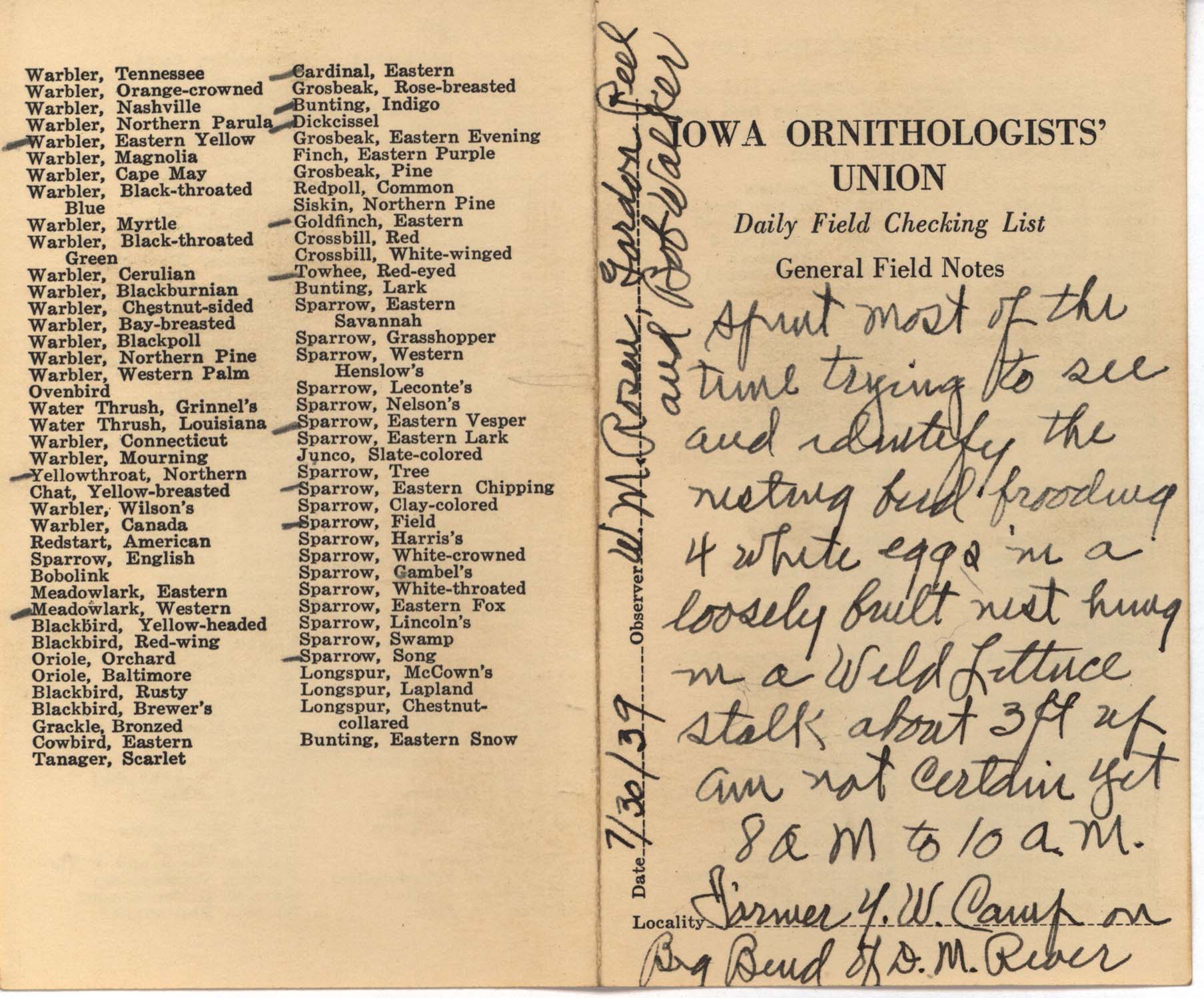 Daily field checking list by Walter Rosene, July 30, 1939