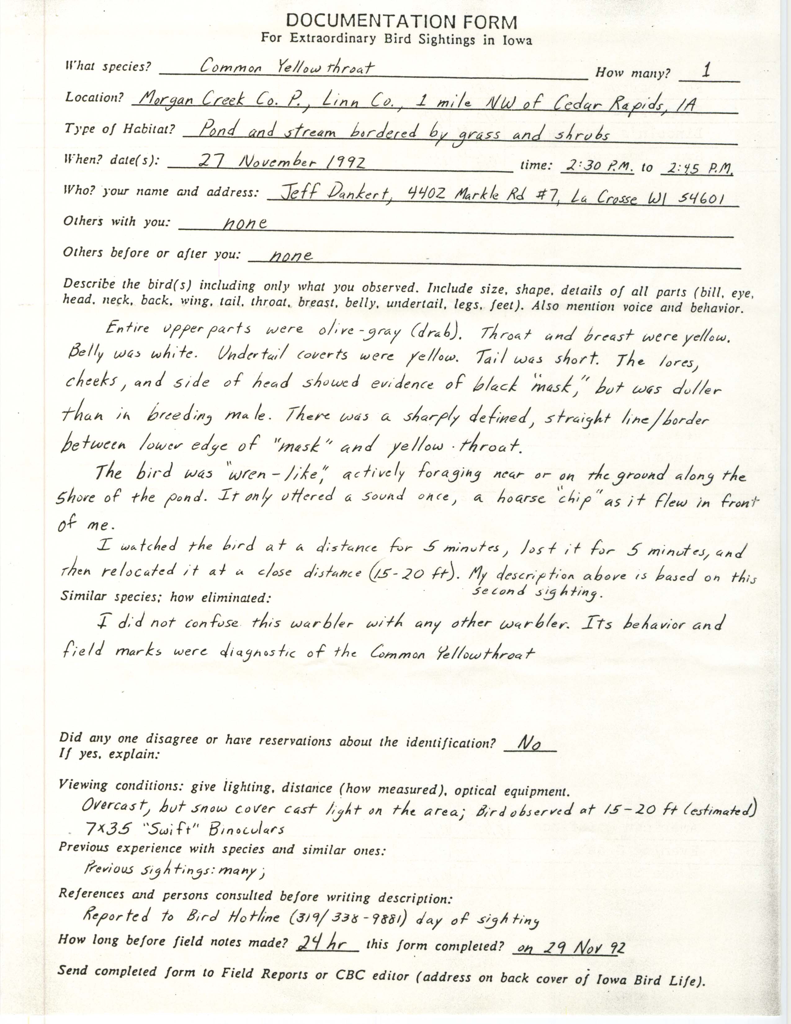 Rare bird documentation form for Common Yellowthroat at Morgan Creek Park in Linn County, 1992