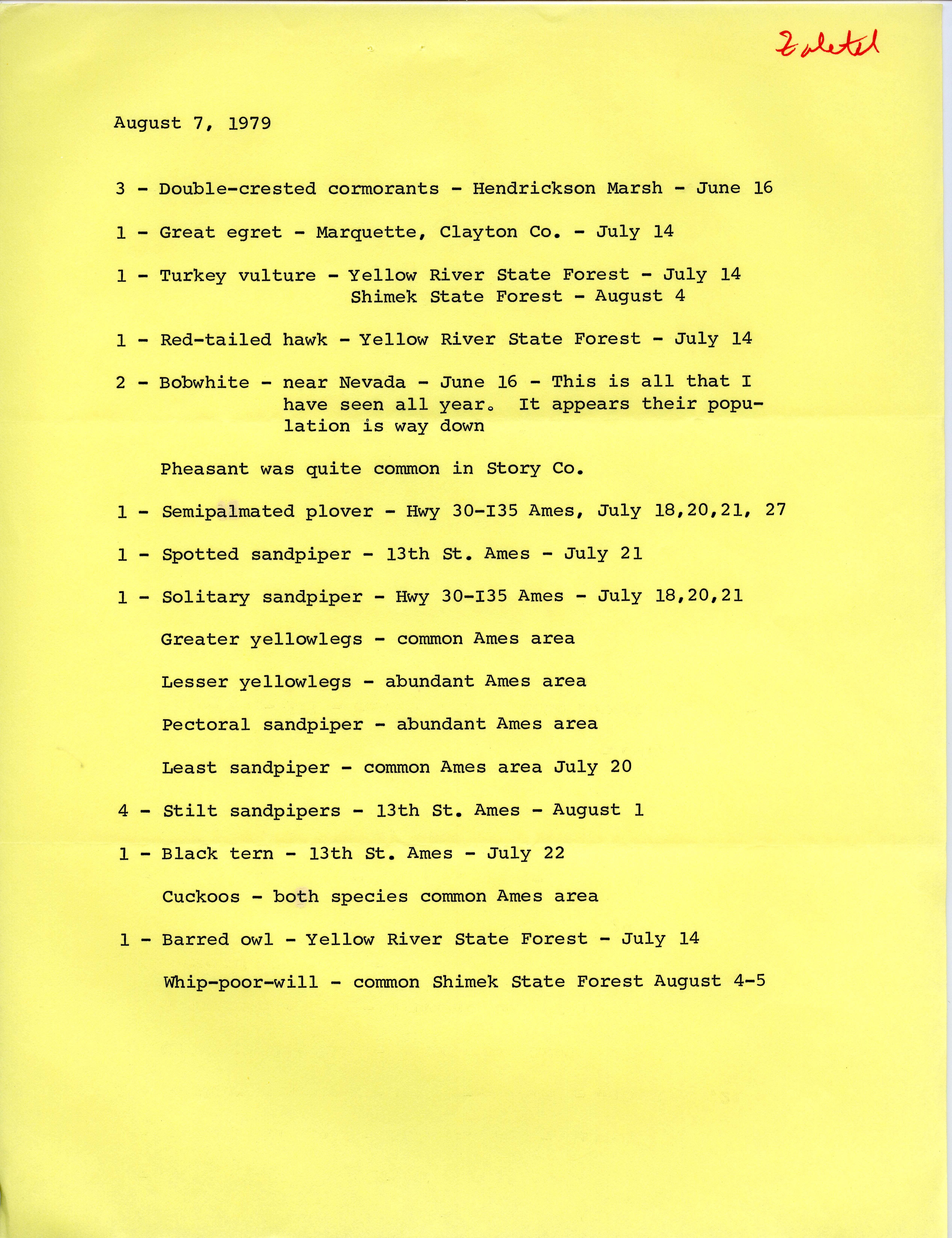 Field notes contributed by Hank Zaletel, August 7, 1979