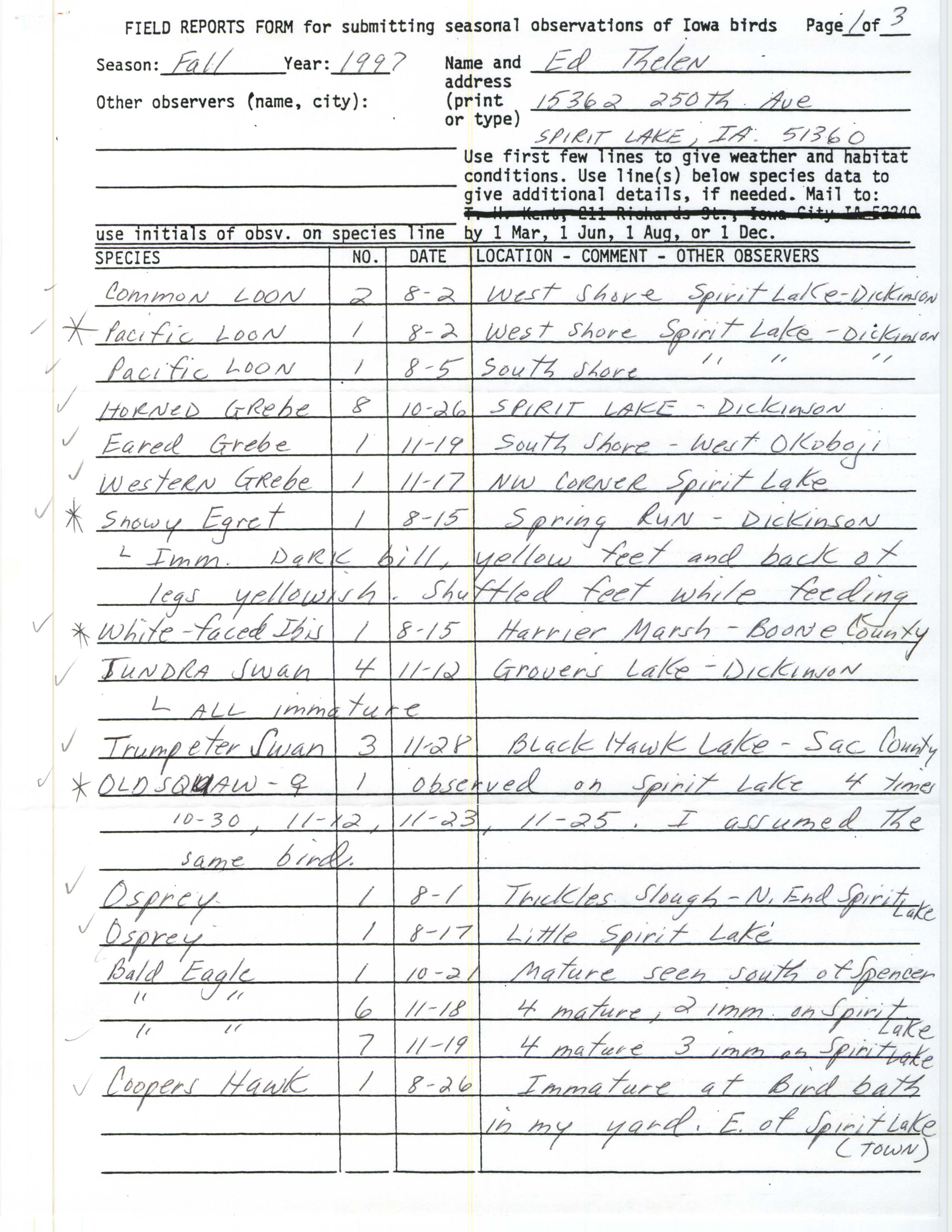 Field reports form for submitting seasonal observations of Iowa birds, Ed Thelen, fall 1997